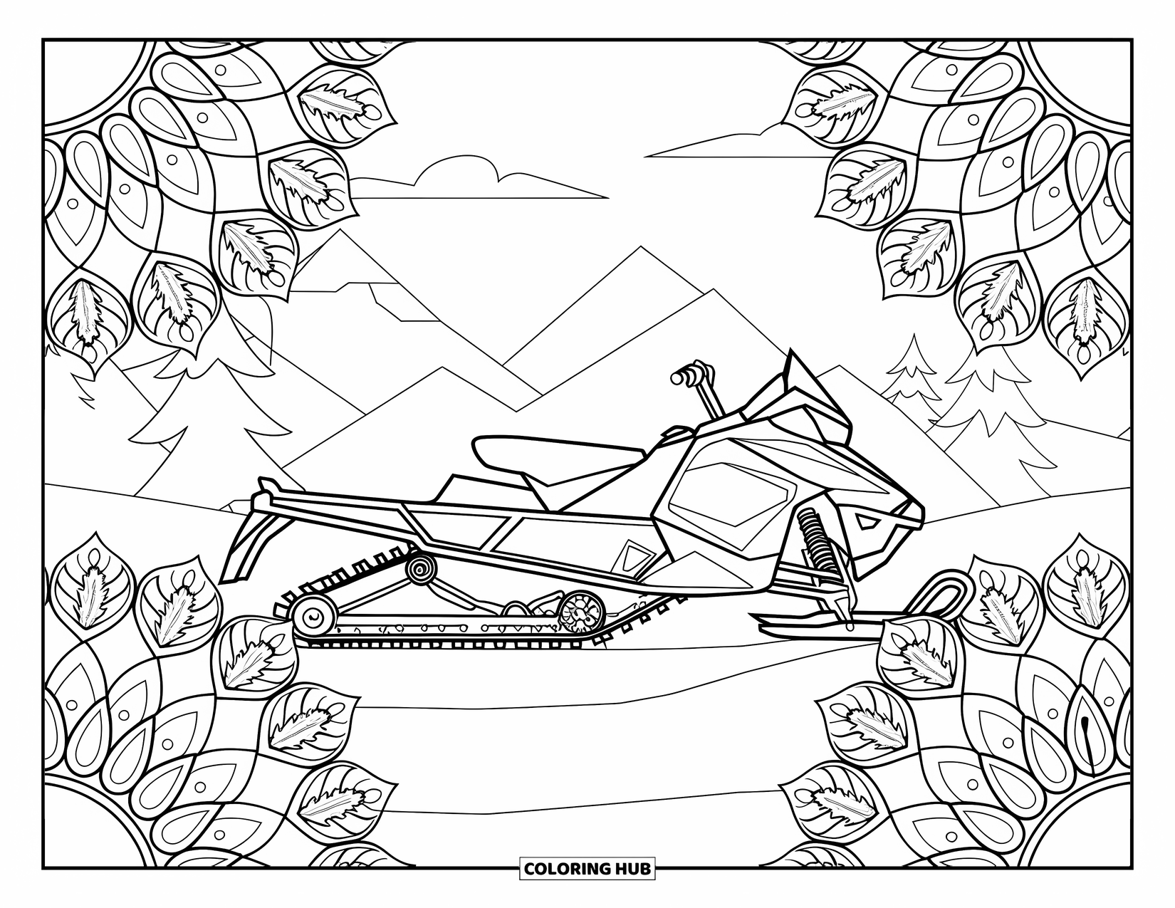 Snowmobile Coloring Page for Adults: Snowmobile on snowy ground encircled by delicate alpine flower mandalas and mountain views