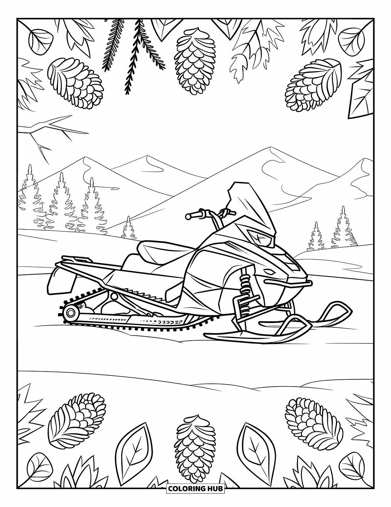 Snowmobile Coloring Page for Adults: Snowmobile parked in the snow with mandalas of pine cones and winter leaves all around