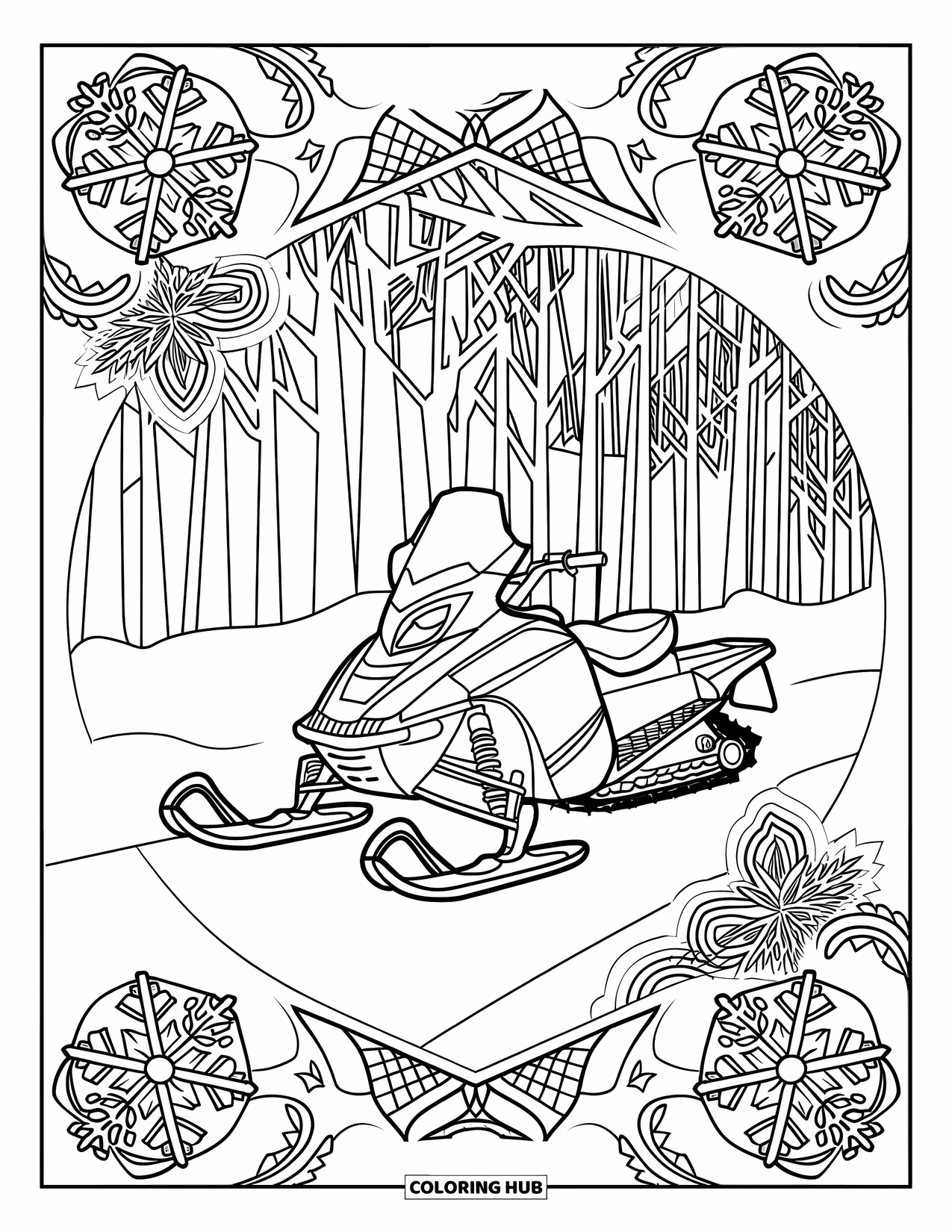 Snowmobile Coloring Page for Adults: Snowmobile parked on a snowy trail, framed by snowflake mandalas and forest trees