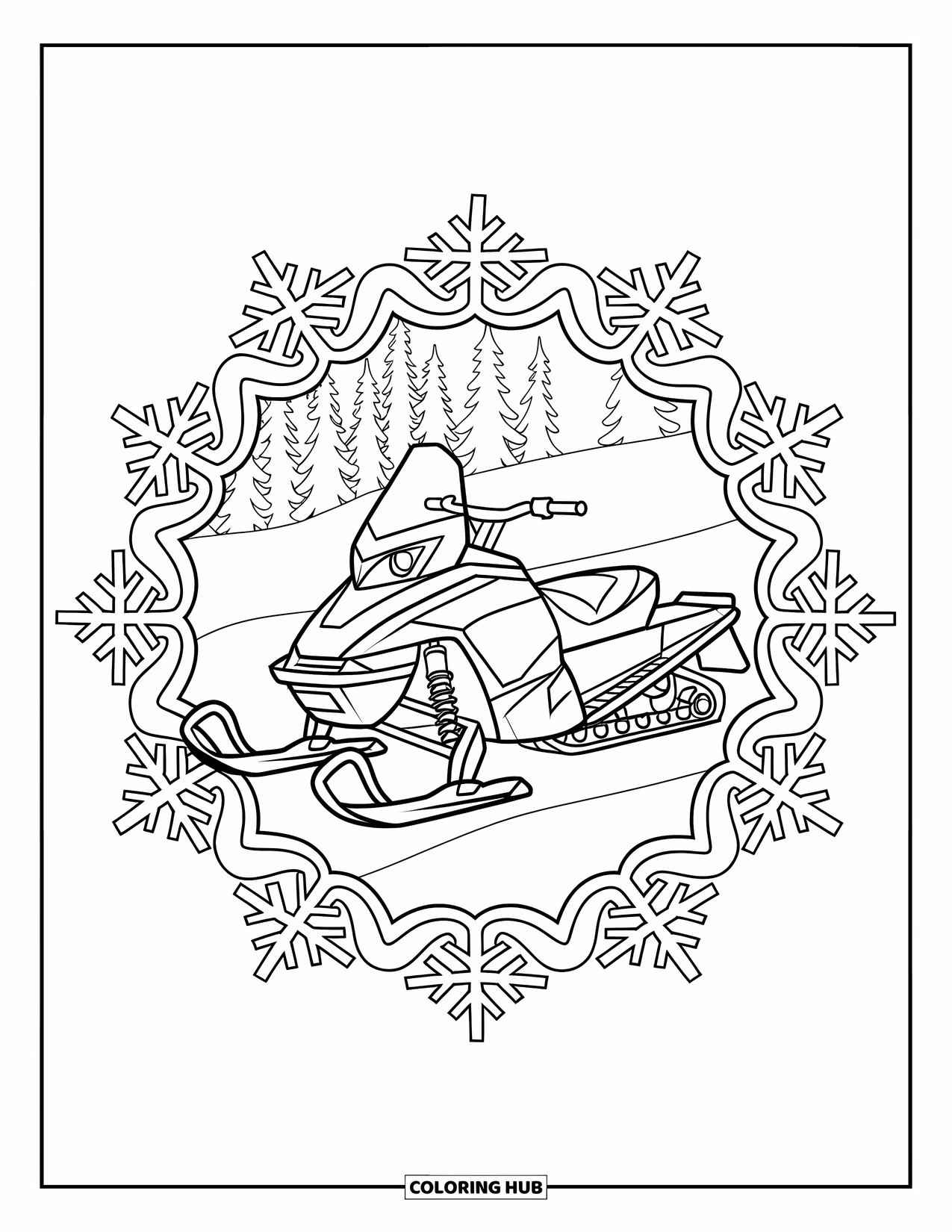 Snowmobile Coloring Page for Adults: Snowmobile resting on a path framed by swirling snowflake mandalas and tall snowy trees