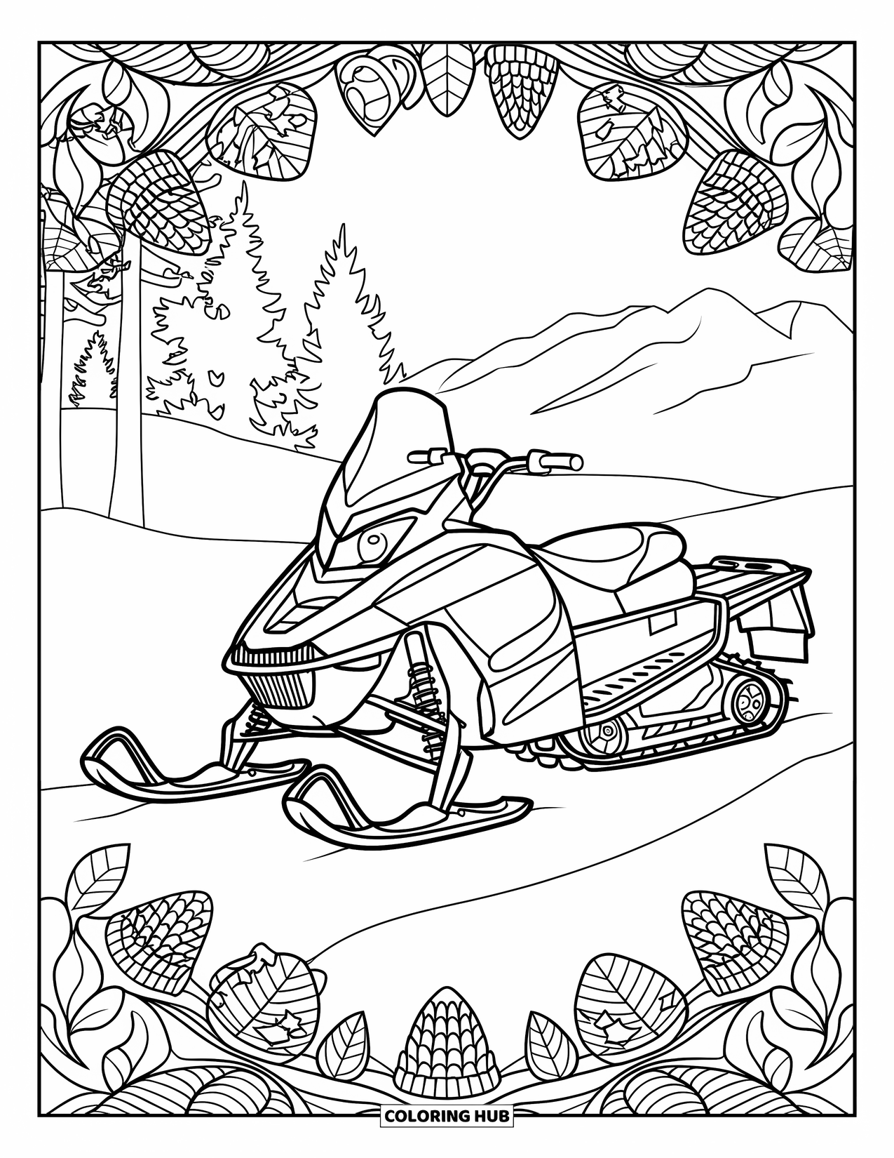 Snowmobile Coloring Page for Adults: Snowmobile surrounded by detailed pine cone and leaf mandalas with a view of mountains