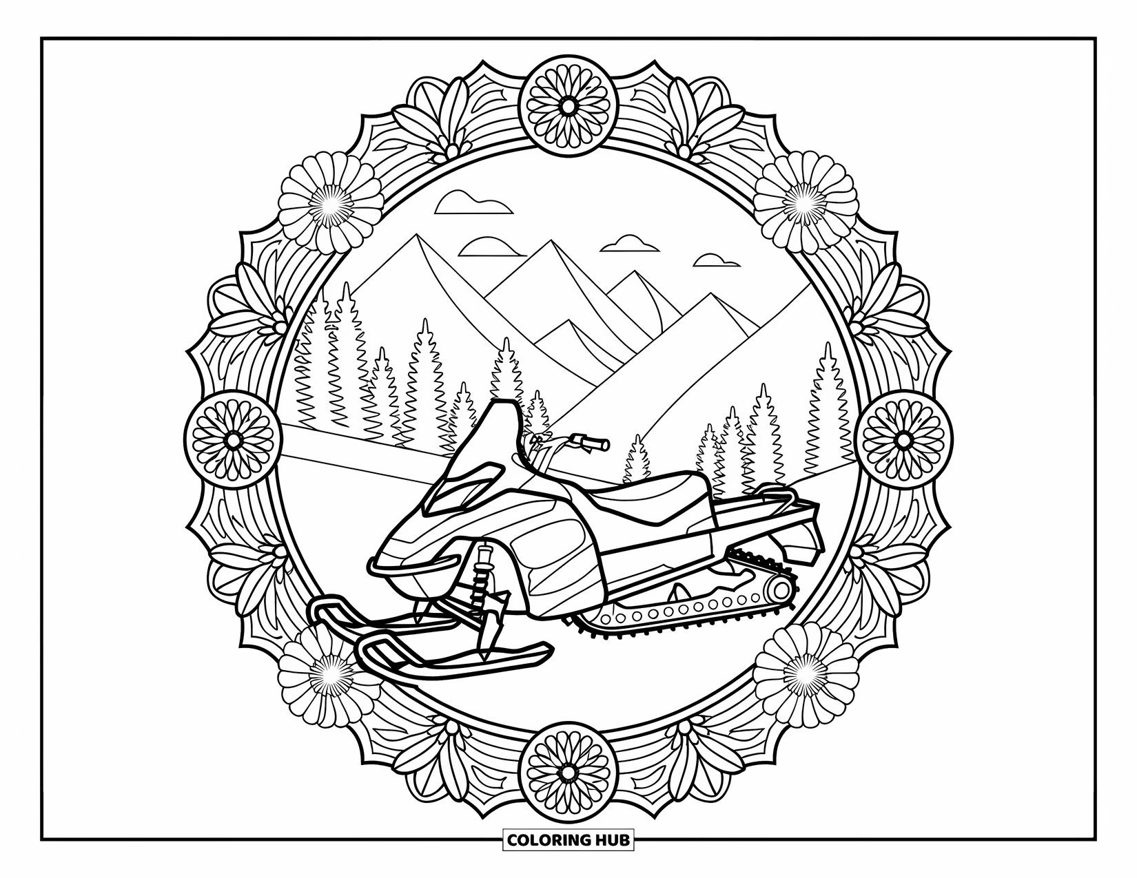 Snowmobile Coloring Page for Adults: Snowmobile surrounded by intricate alpine flower mandalas in a peaceful mountain landscape