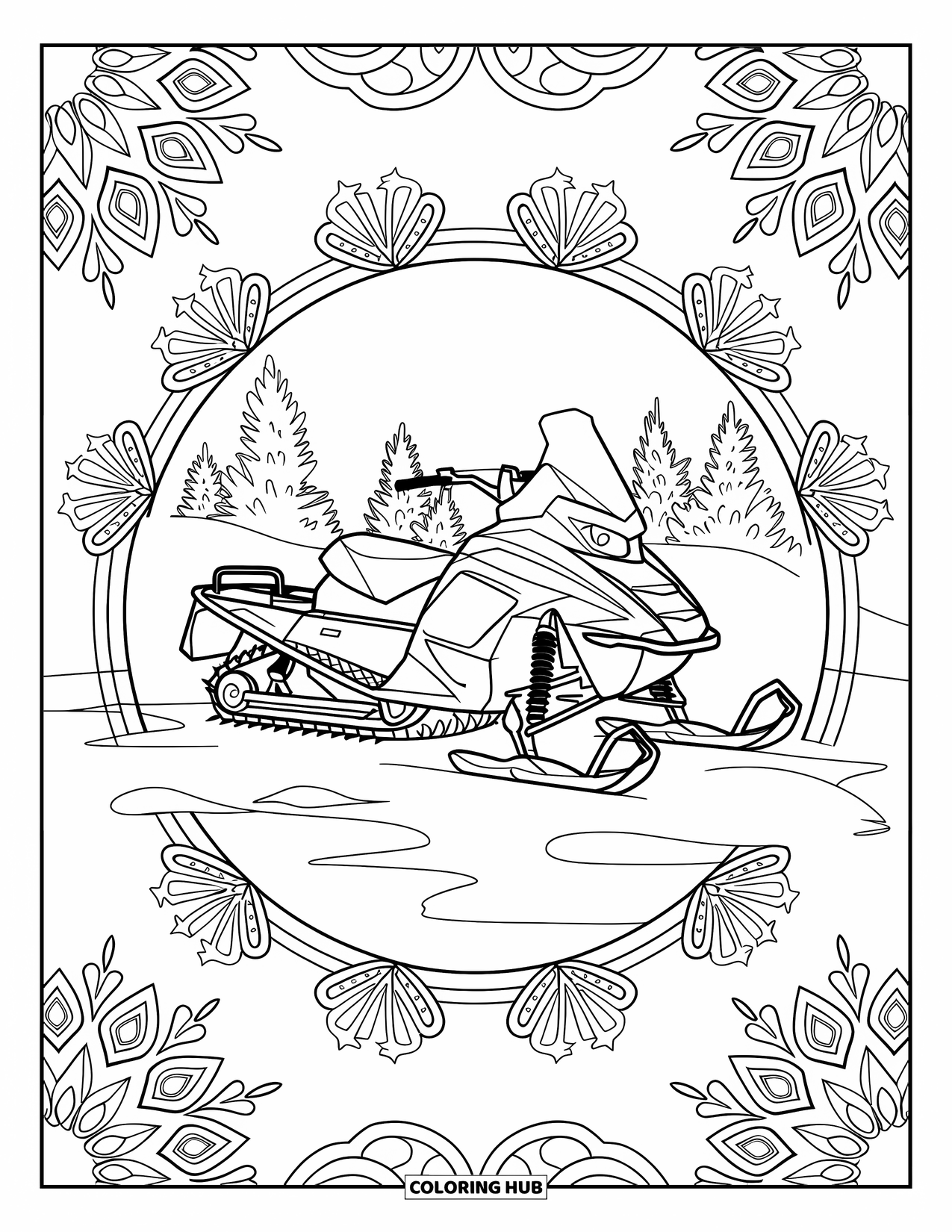 Snowmobile Coloring Page for Adults: Snowmobile surrounded by snowflake mandalas with a snowy forest in the background