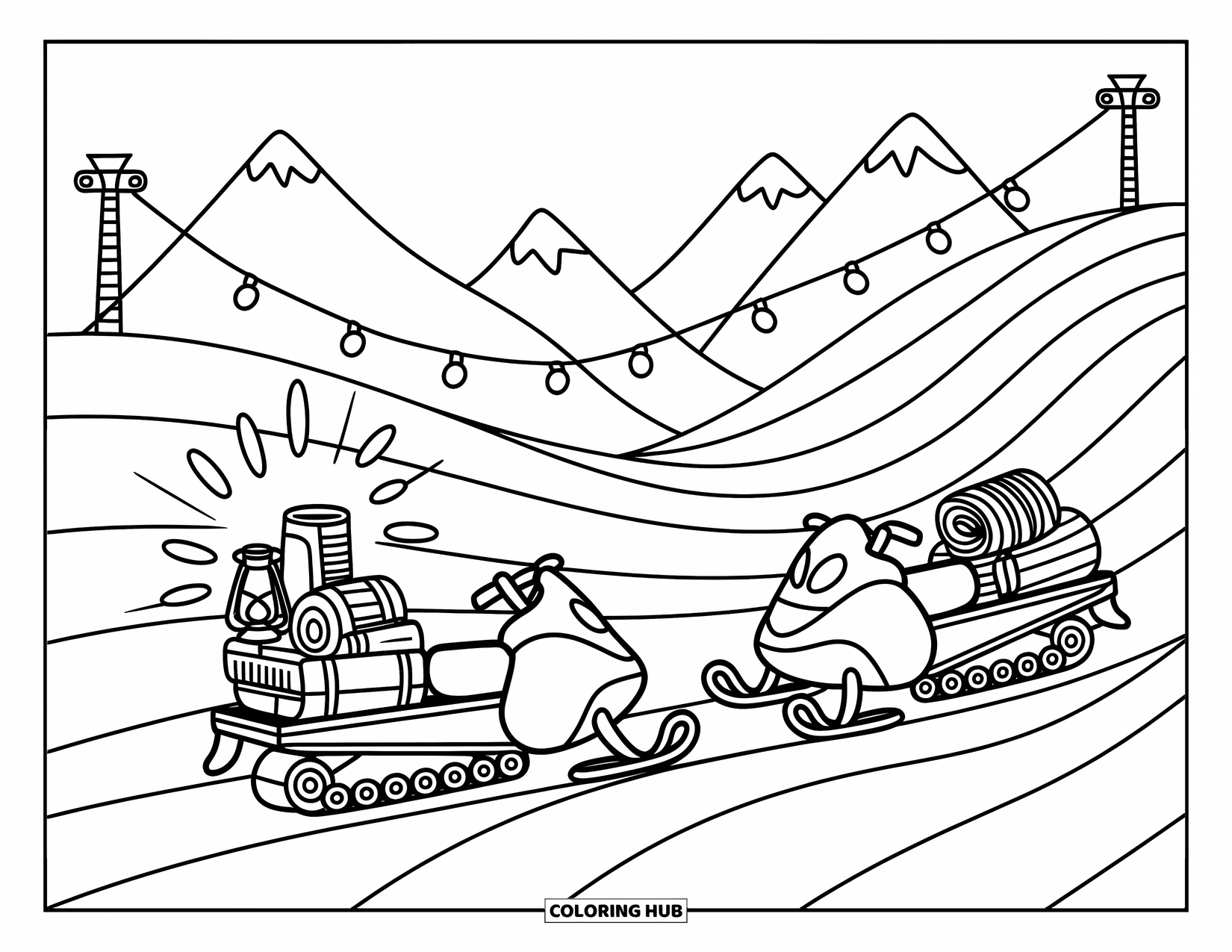 Snowmobile Coloring Page for Adults: Two snowmobiles meet on a snowy hill, each carrying cozy winter supplies