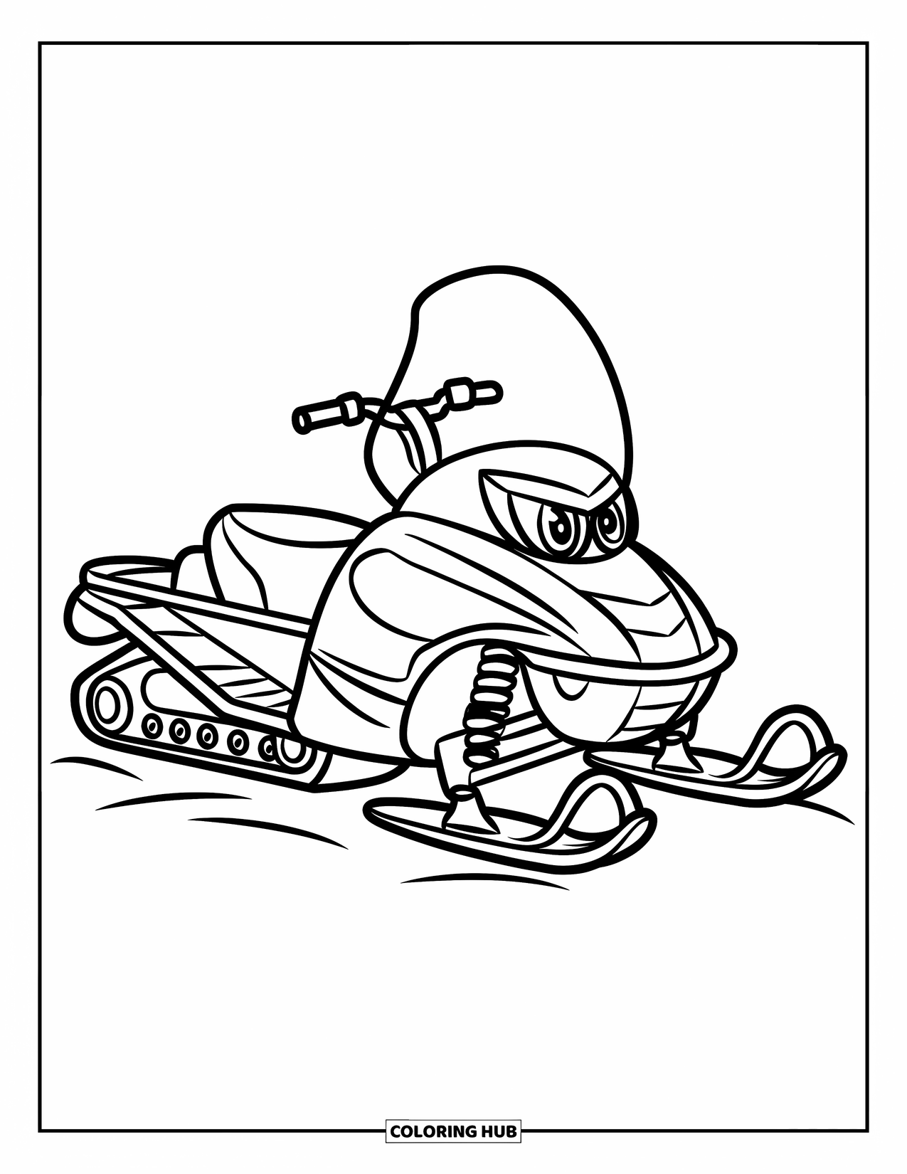 Snowmobile Coloring Page for Kids: A cute snowmobile sits in the snow with bold outlines and a clean look