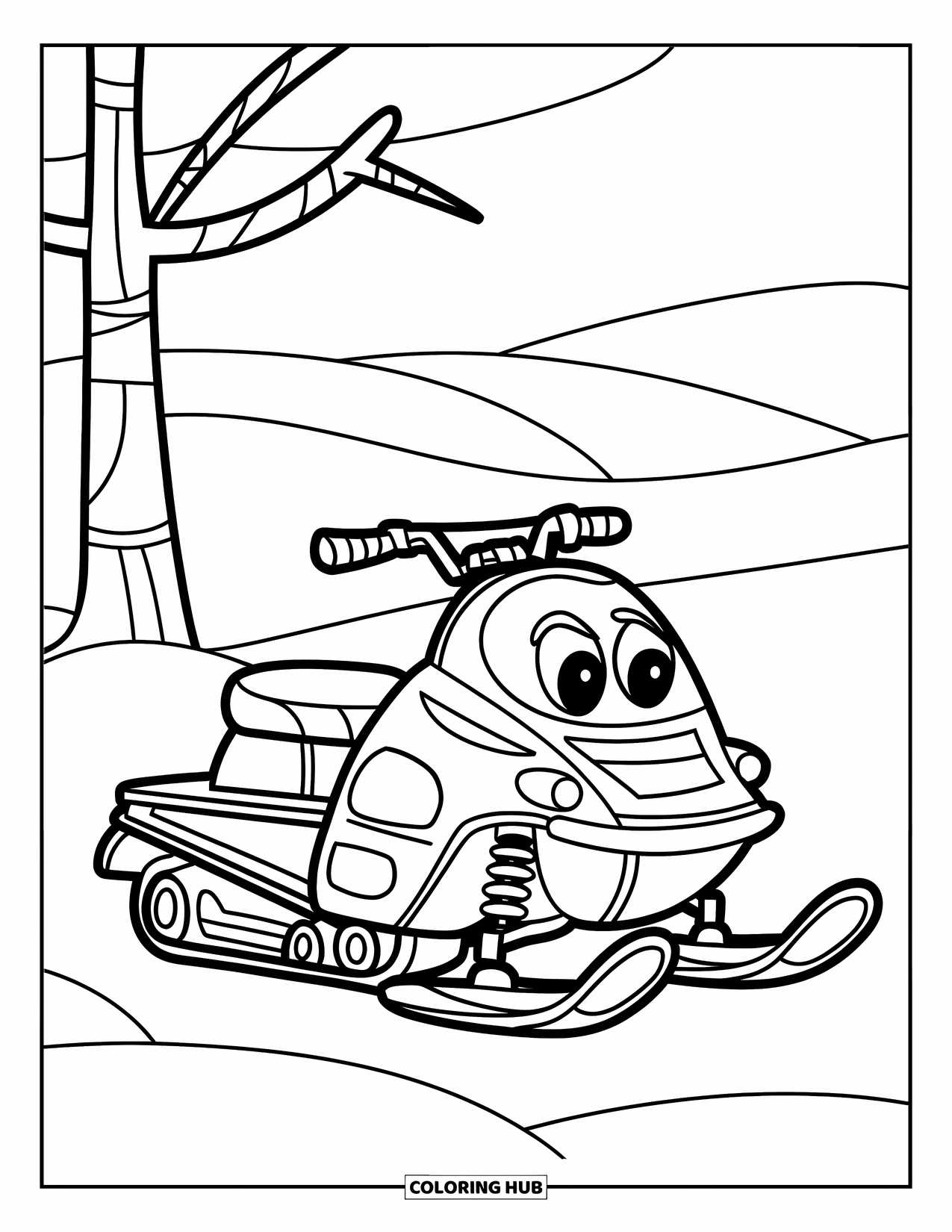 Snowmobile Coloring Page for Kids: A playful snowmobile sits quietly in the snow near a tree with a few branches