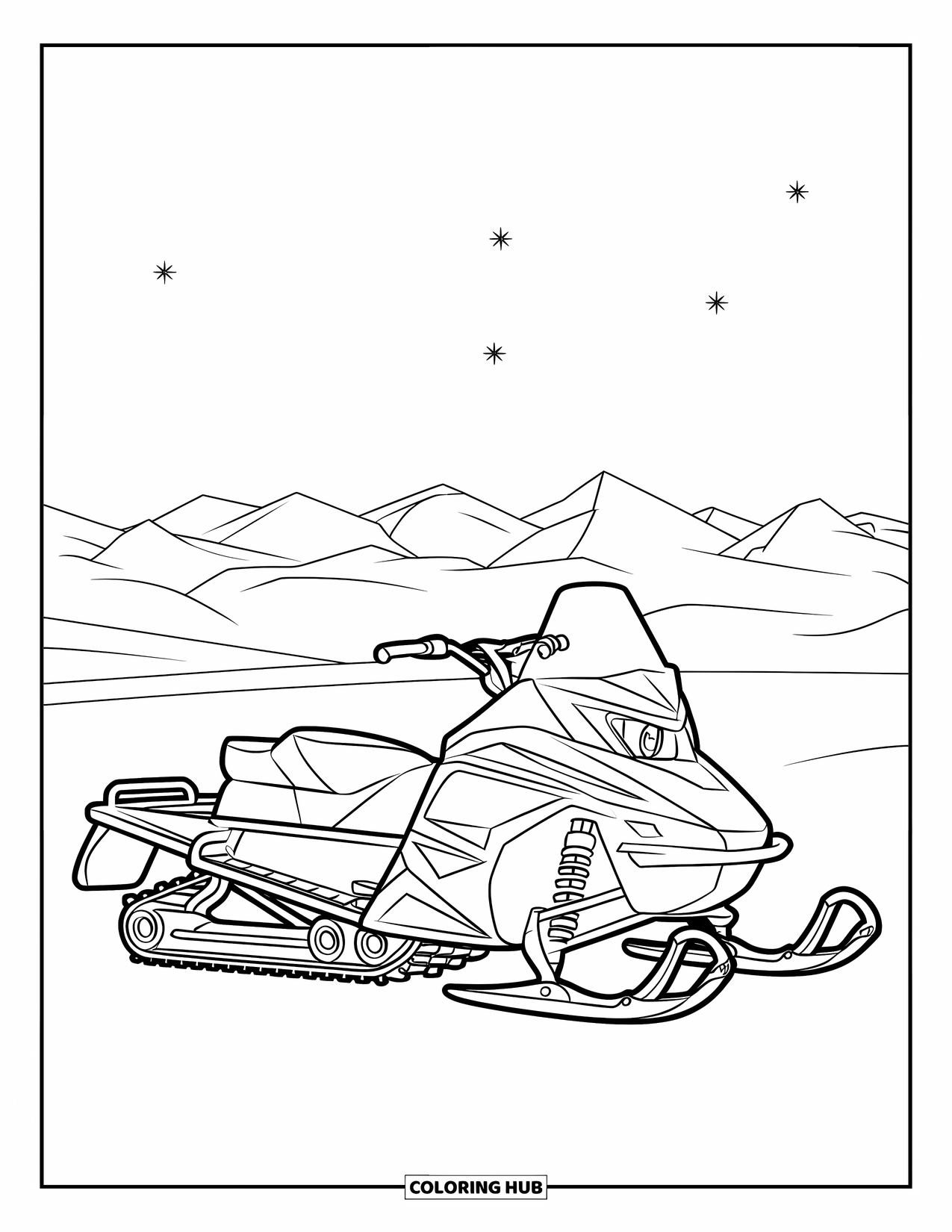 Snowmobile Coloring Page for Kids: A rounded snowmobile rests under stars with peaks and trees behind