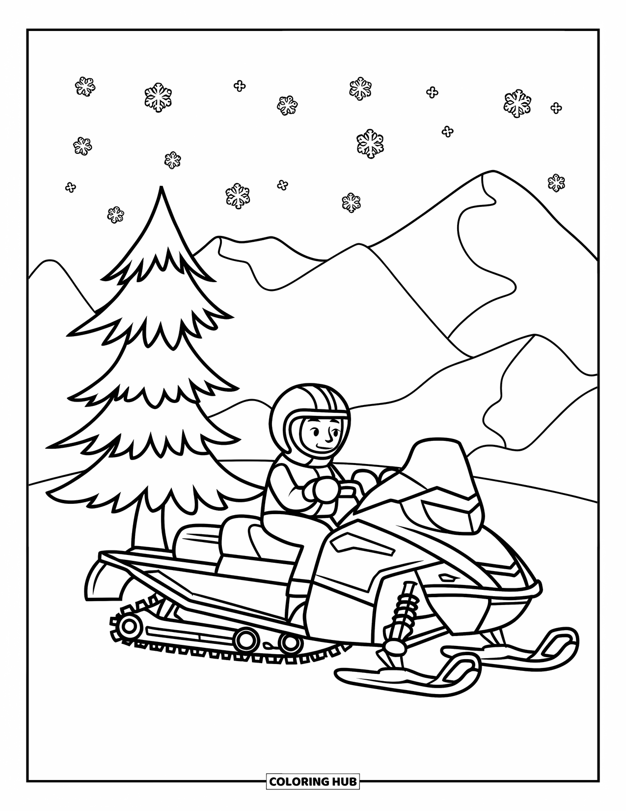 Snowmobile Coloring Page for Kids: A snowmobile driver pauses beside a pine while snowflakes fall in a winter scene