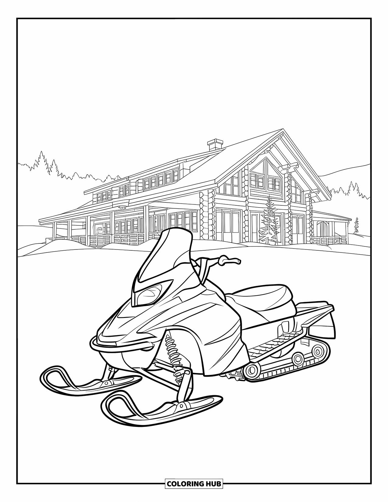 Snowmobile Coloring Page for Kids: A snowmobile is parked near a snowy lodge with windows and trees nearby