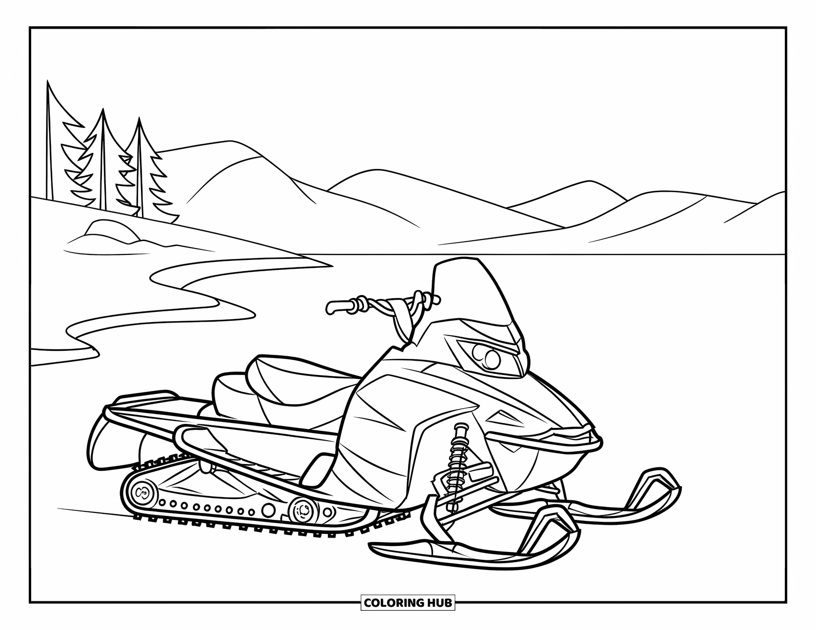 Snowmobile Coloring Page for Kids: A snowmobile is parked on ice near a snowy tree and mountain view