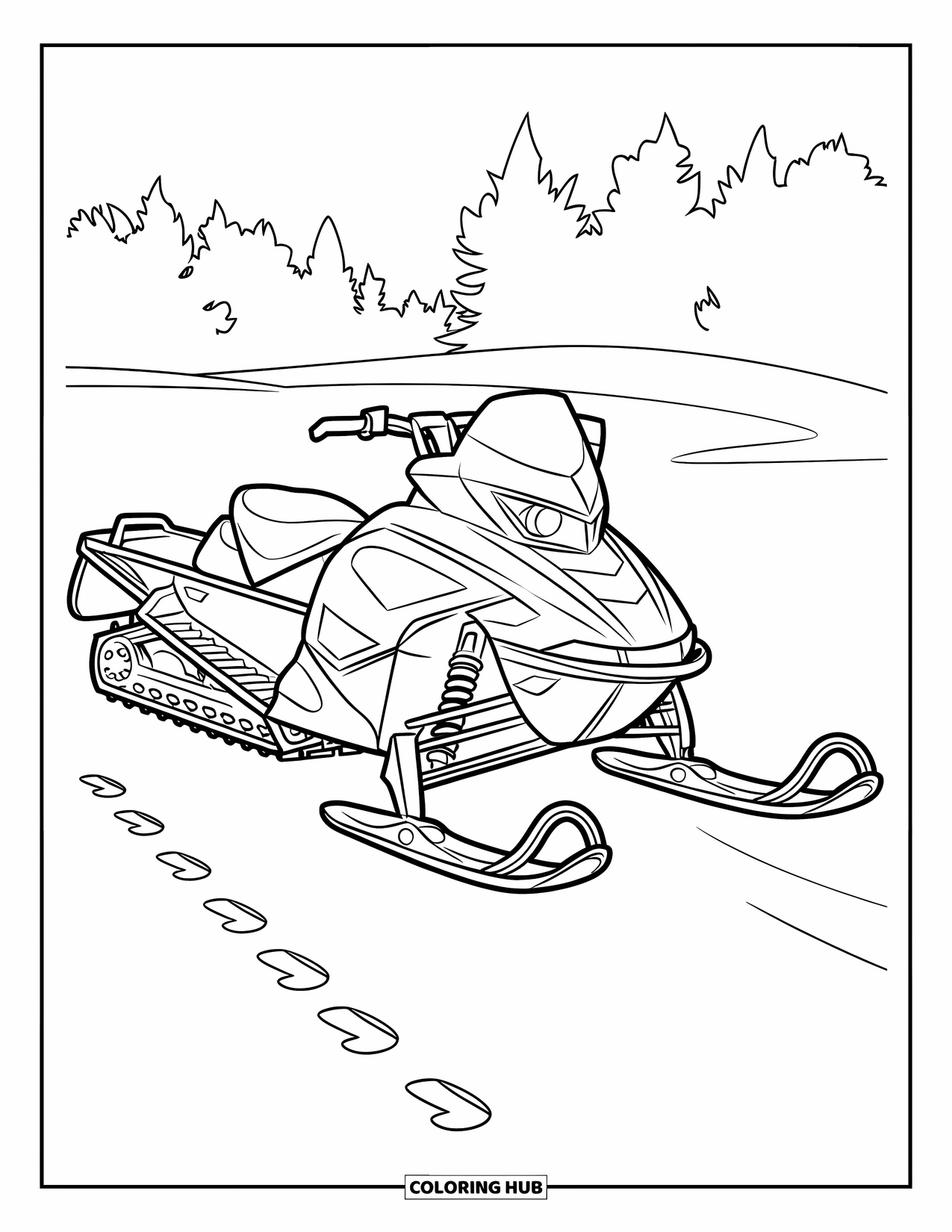Snowmobile Coloring Page for Kids: A snowmobile is parked on snowy ground with footprints and trees nearby
