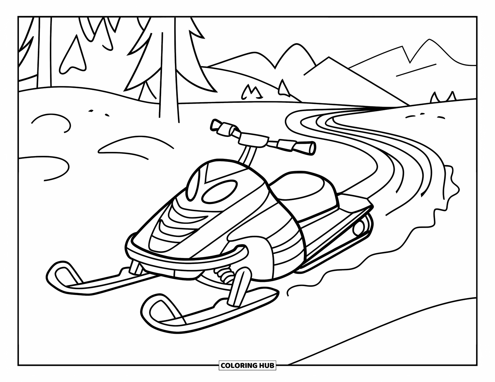 Snowmobile Coloring Page for Kids: A snowmobile leaves a wiggly trail across snow with mountains and trees behind