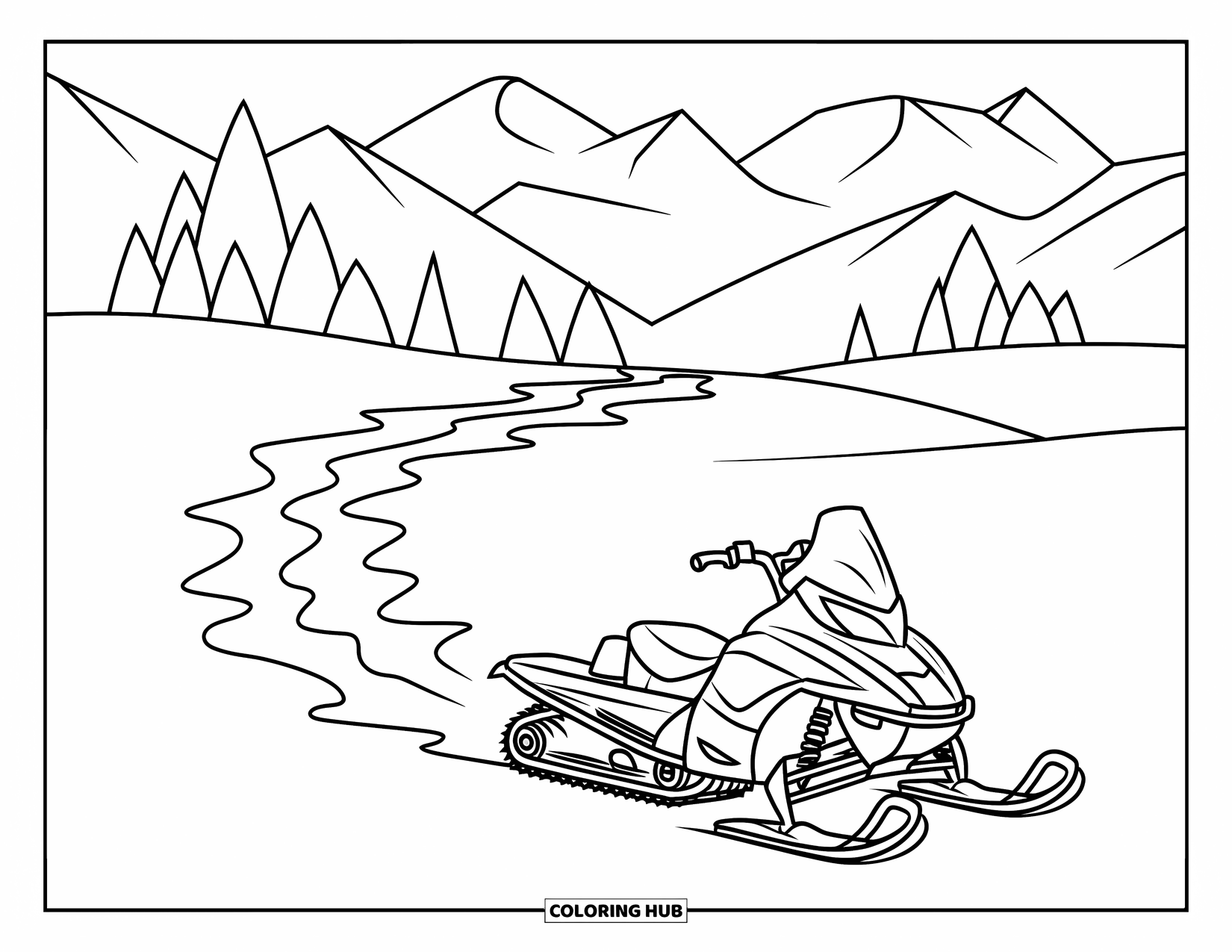 Snowmobile Coloring Page for Kids: A snowmobile makes tracks in snowy hills with trees and mountains around