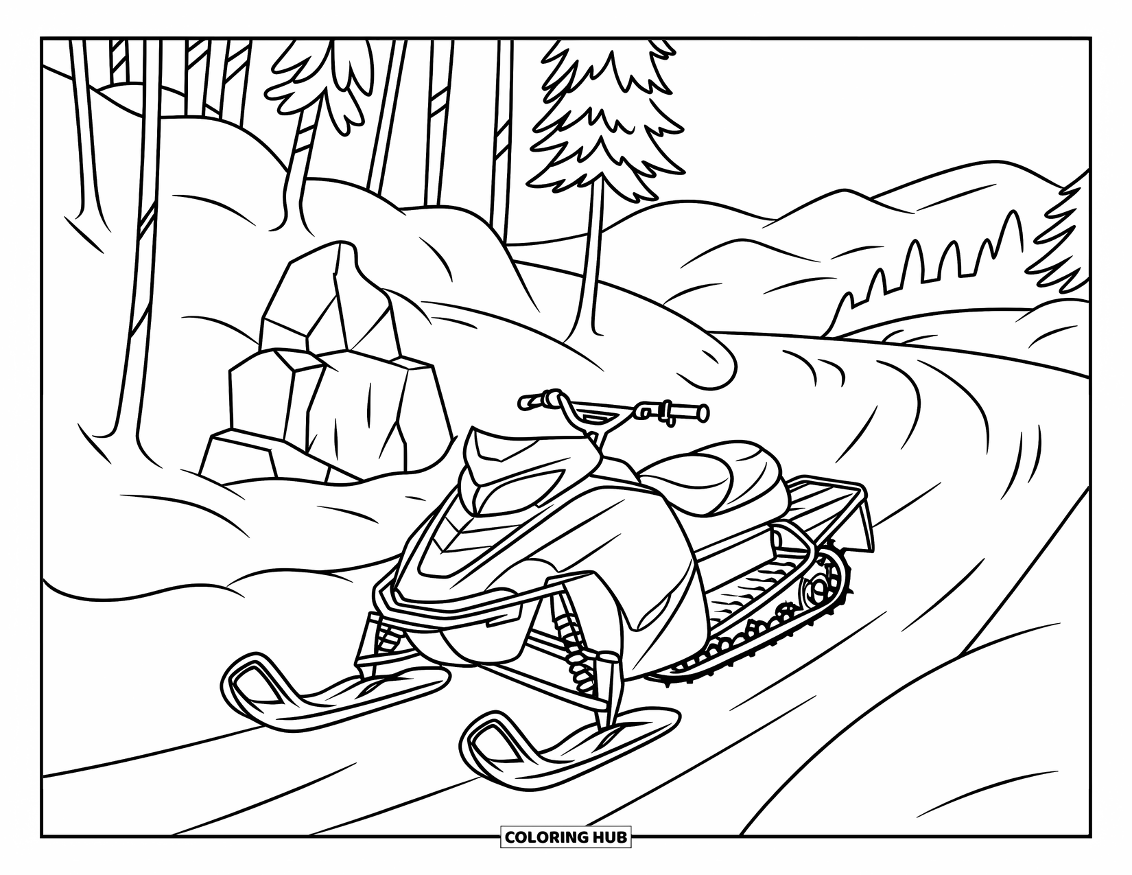 Snowmobile Coloring Page for Kids: A snowmobile moves along a snowy trail with mountains and trees in the background