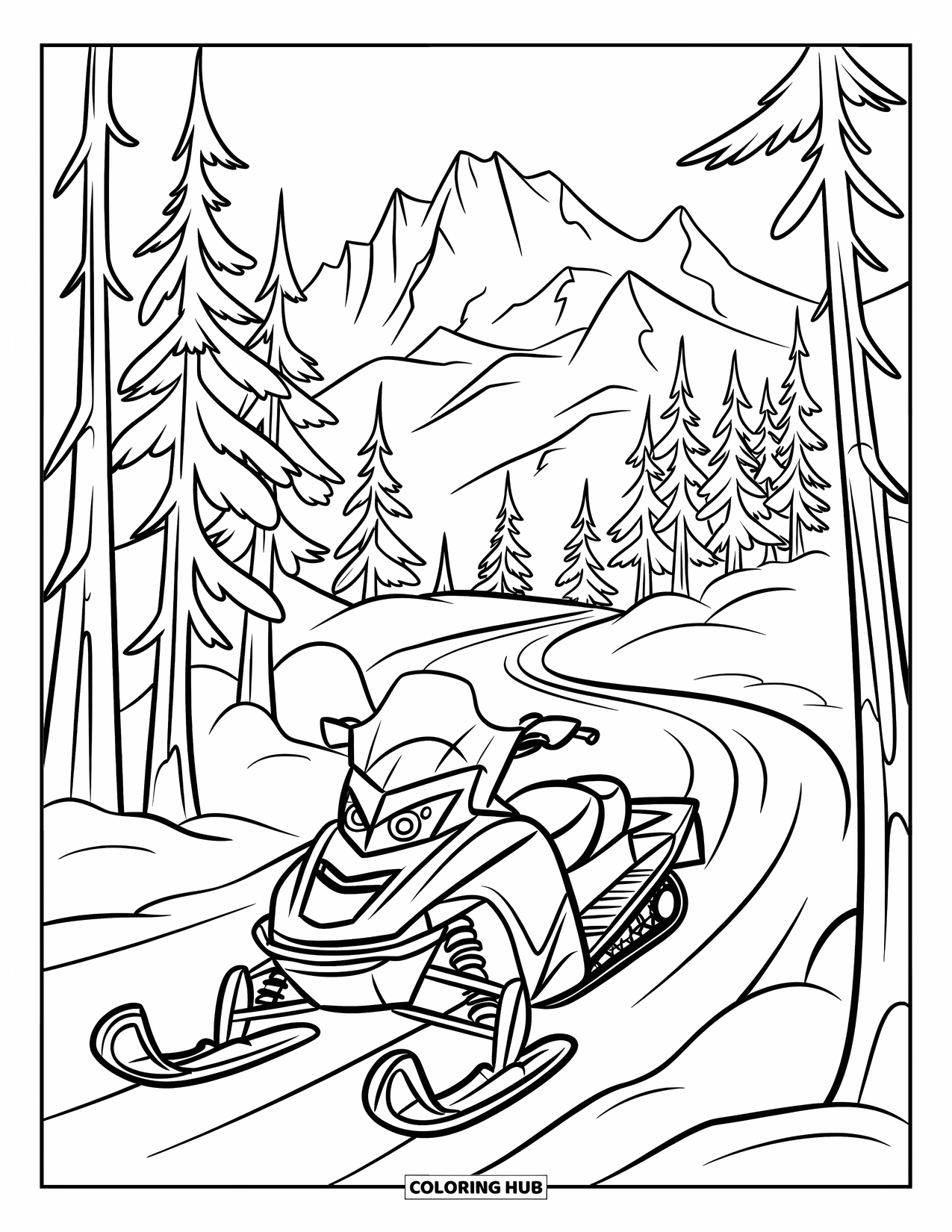 Snowmobile Coloring Page for Kids: A snowmobile moves through snow-covered trails with trees and jagged mountains behind