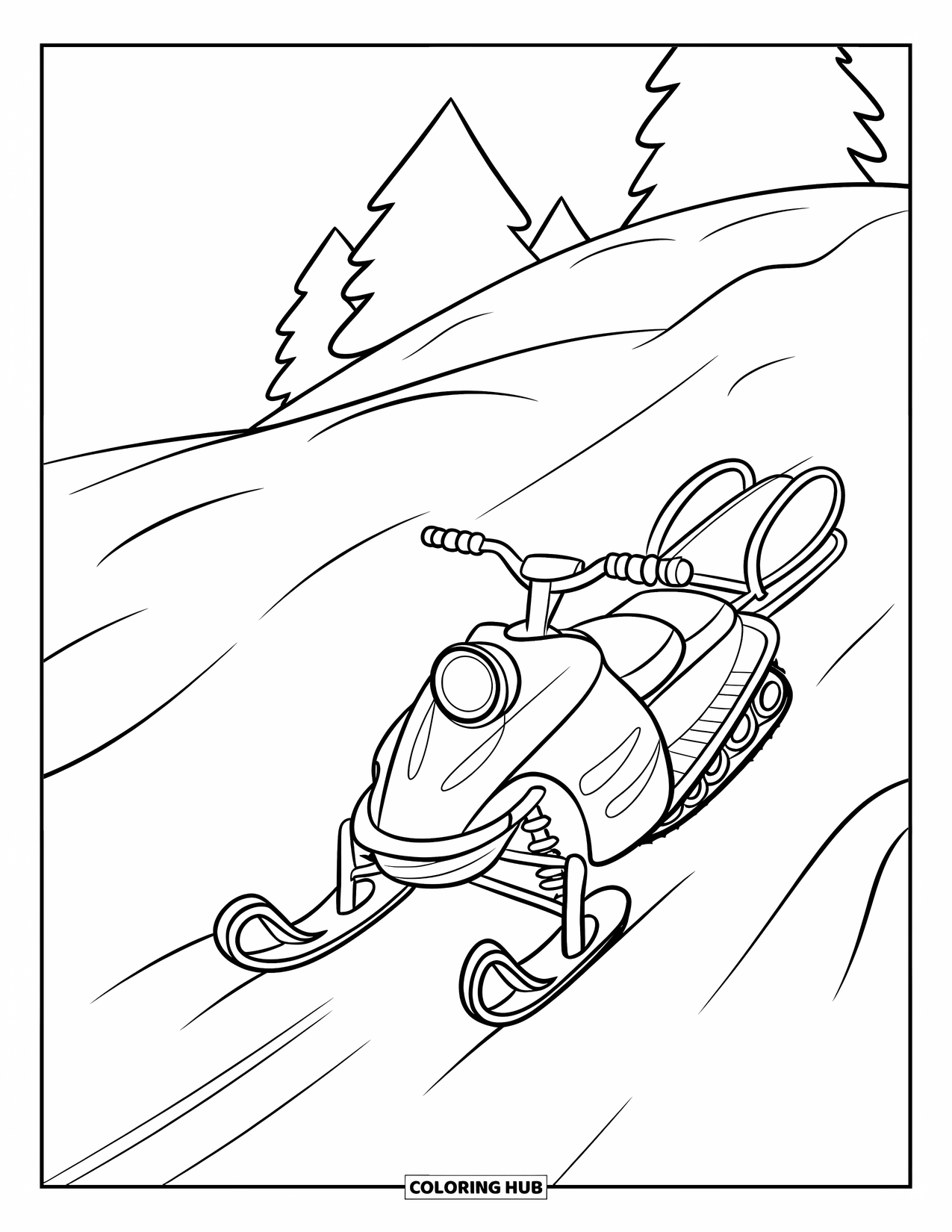 Snowmobile Coloring Page for Kids: A snowmobile pulls a sled up a snowy hill with trees in the background