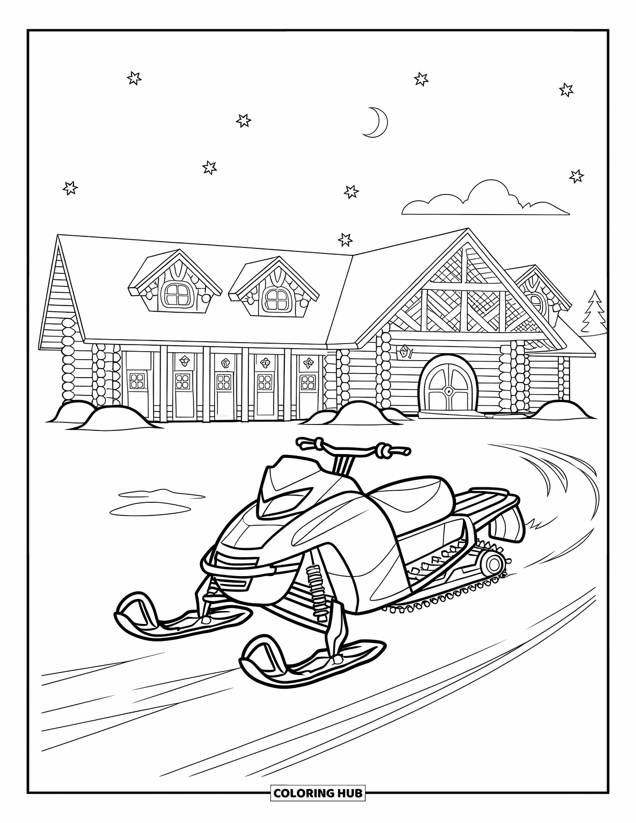 Snowmobile Coloring Page for Kids: A snowmobile rests near a cozy lodge under a sky with stars and moonlight