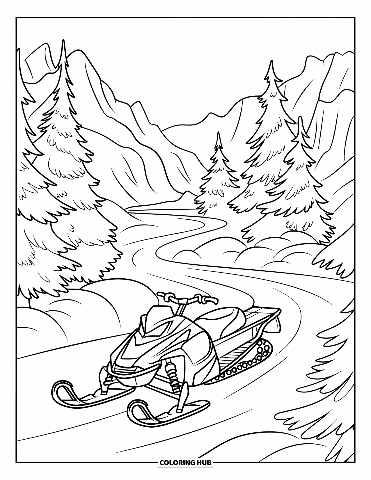 Snowmobile Coloring Page for Kids: A snowmobile rides a trail through tall pine trees and snowy mountains