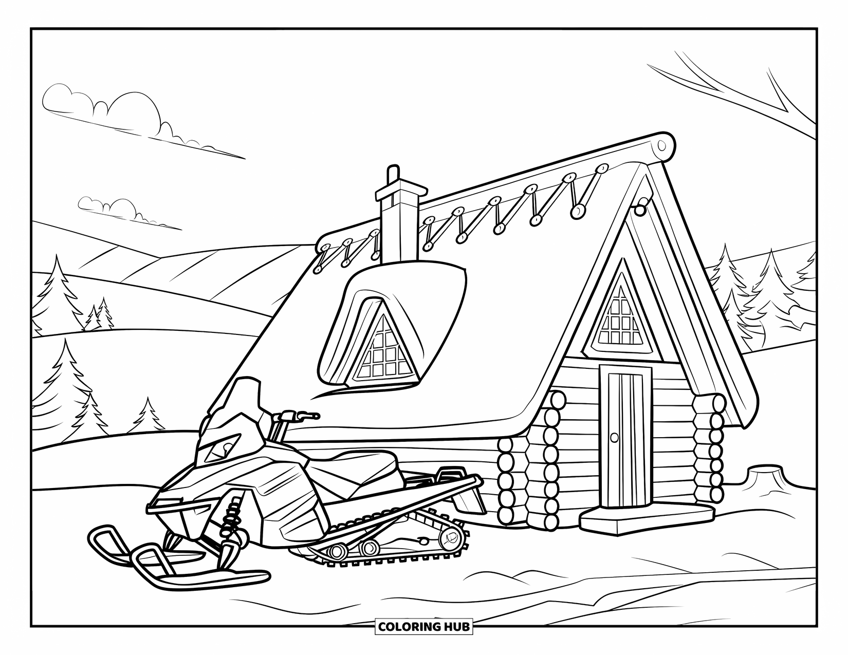 Snowmobile Coloring Page for Kids: A snowmobile sits beside a snowy cabin with hills and fluffy clouds beyond