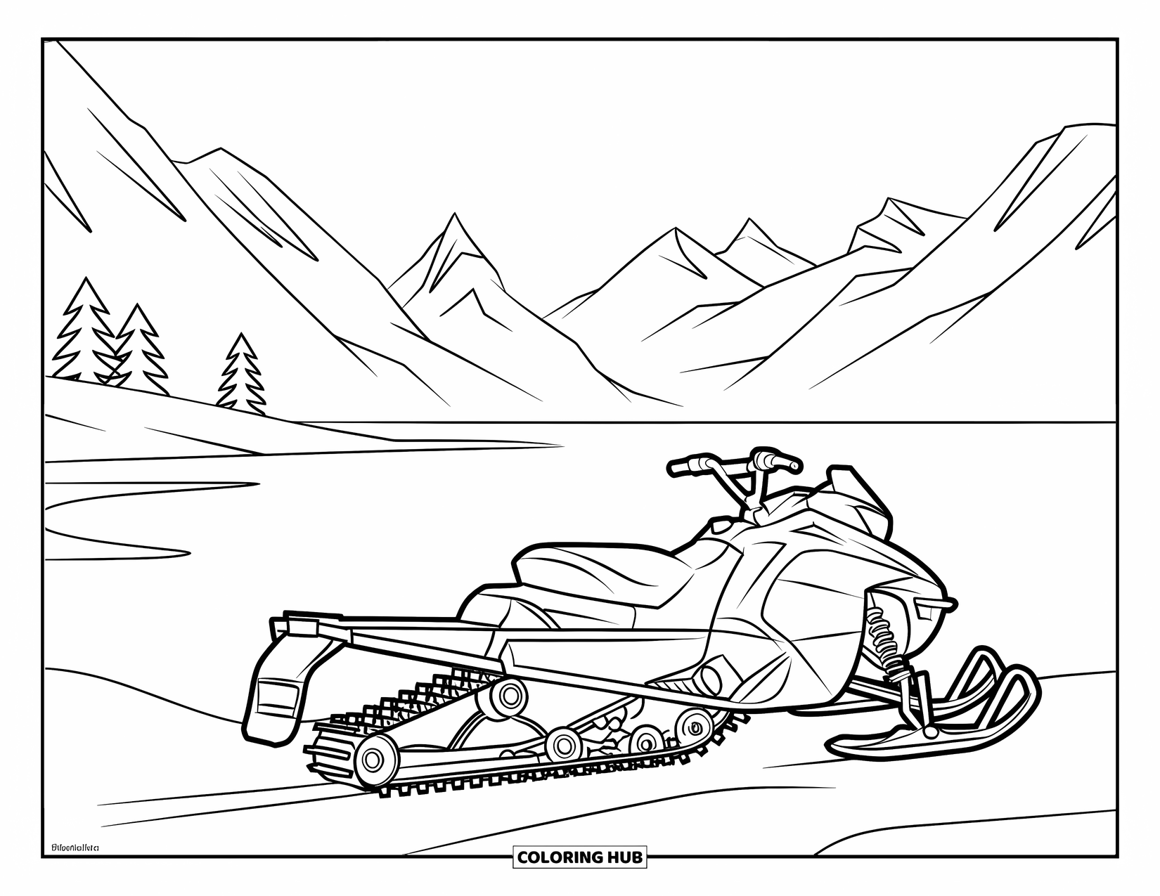 Snowmobile Coloring Page for Kids: A snowmobile sits by a frozen lake with mountains and snowy trees nearby