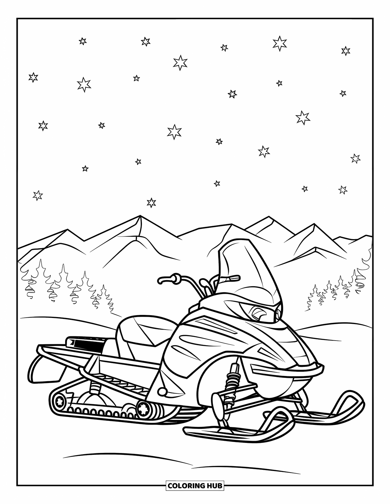 Snowmobile Coloring Page for Kids: A snowmobile sits on snowy ground with stars above and pine trees behind
