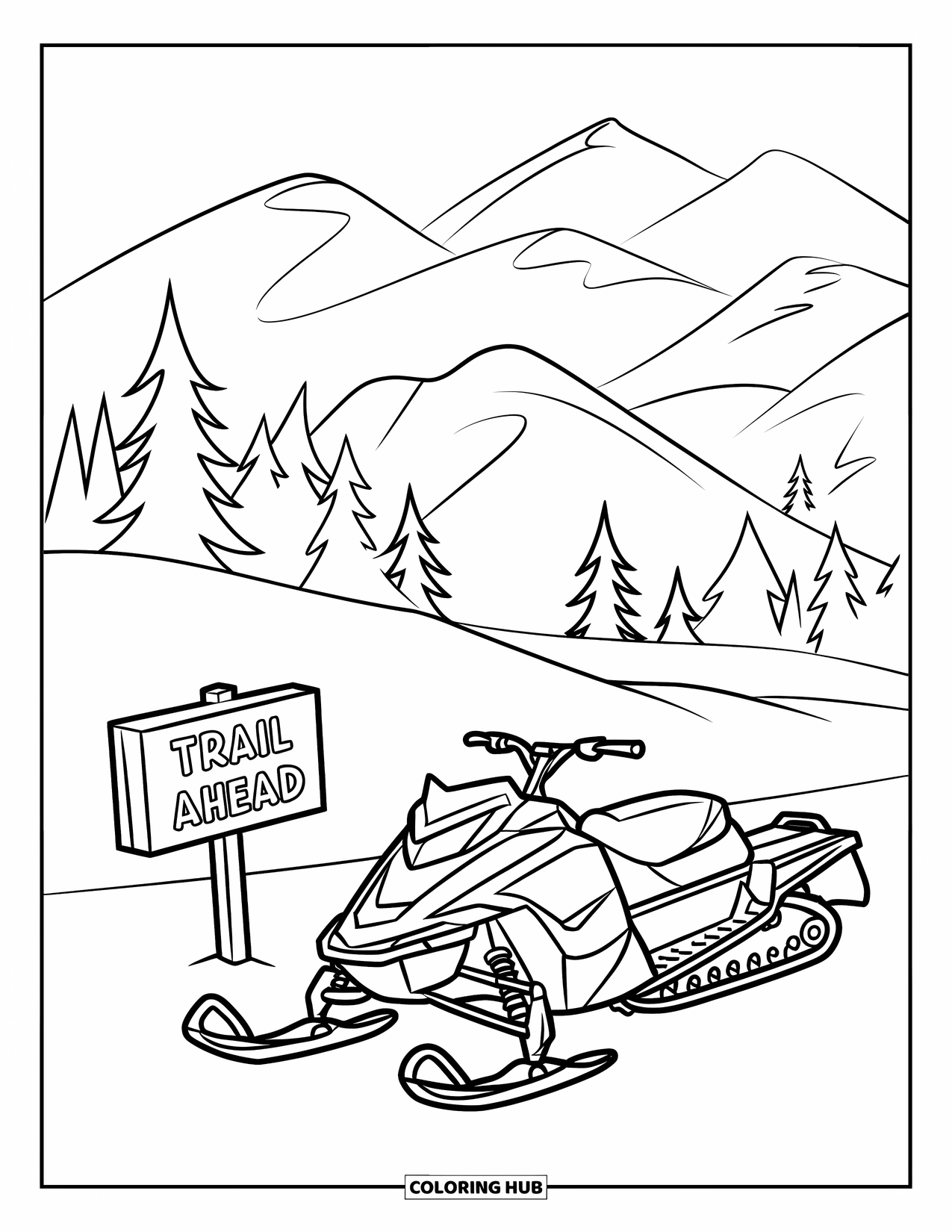 Snowmobile Coloring Page for Kids: A snowmobile stands near a wooden trail sign in a snow-covered forest