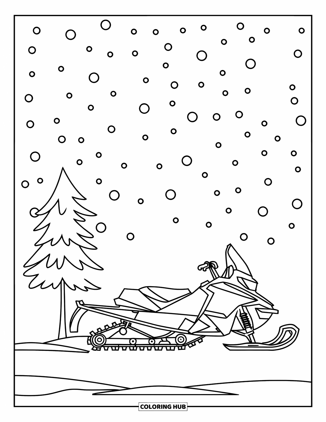 Snowmobile Coloring Page for Kids: A snowmobile waits by a tiny pine tree while snow falls across the hills