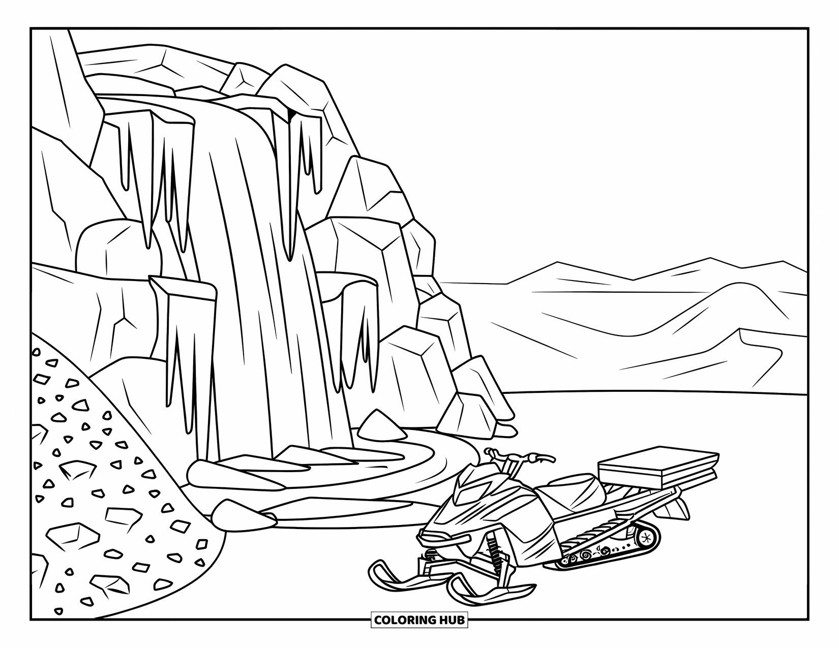 Snowmobile Coloring Page for Kids: A snowmobile with a trailer sits beside icy falls and rocky terrain under open skies