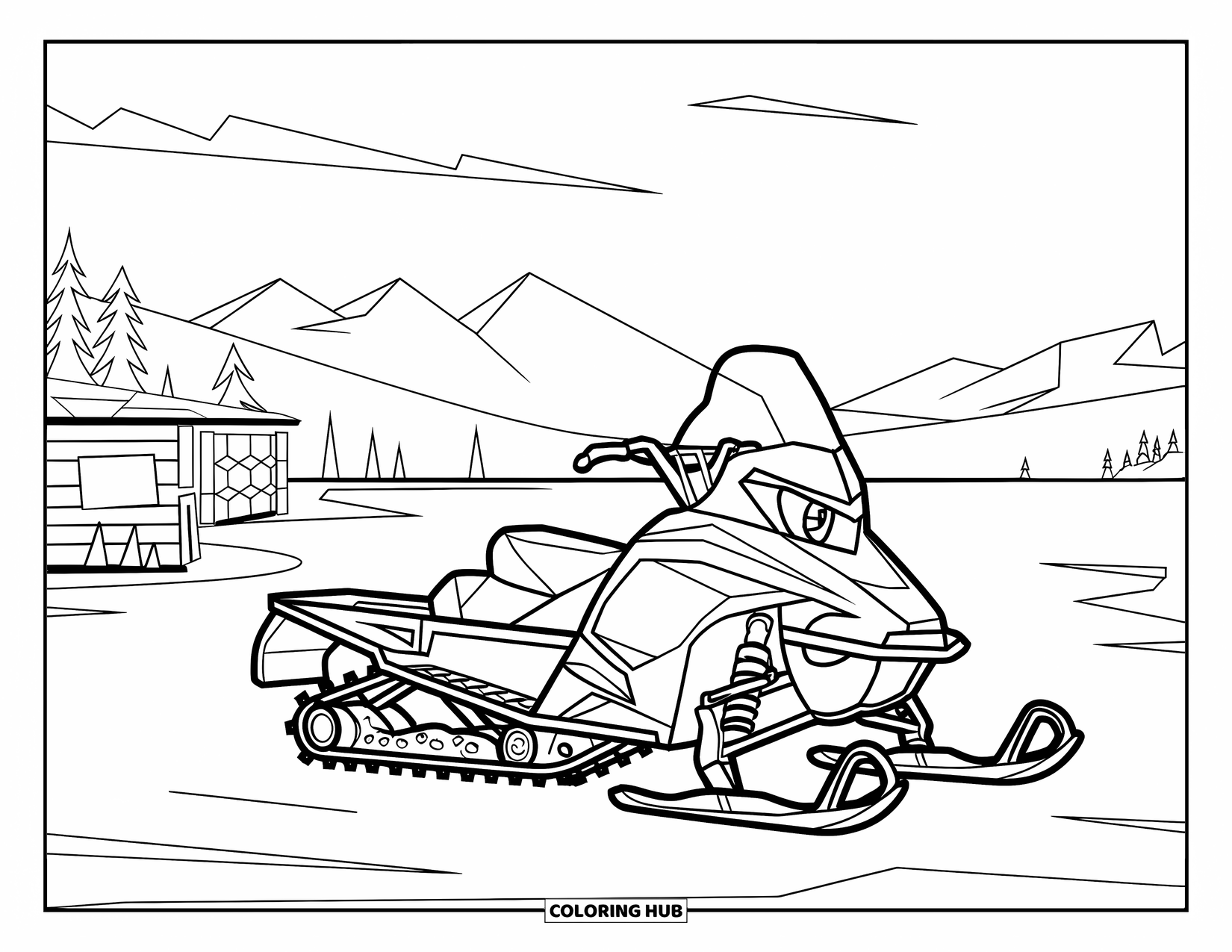 Snowmobile Coloring Page for Kids: A snowmobile with a wooden structure rests near a frozen lake and distant peaks