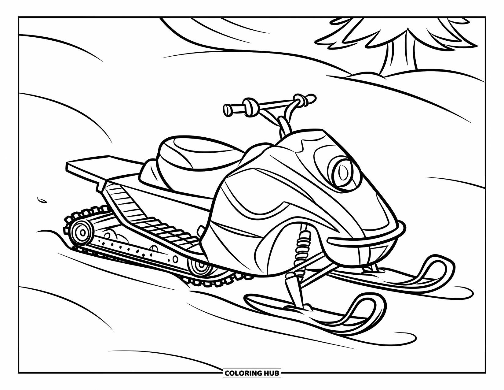 Snowmobile Coloring Page for Kids: A snowmobile with big treads sits in soft snow with a tree nearby