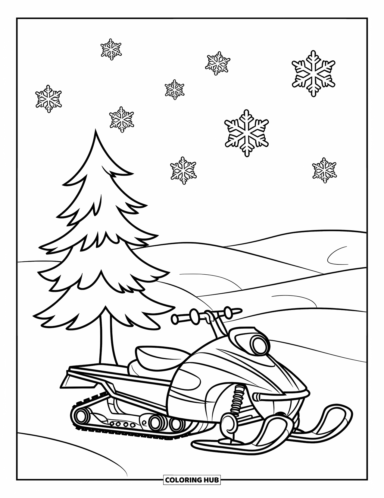 Snowmobile Coloring Page for Kids: A snowmobile with big wheels sits beside a short pine as snow falls