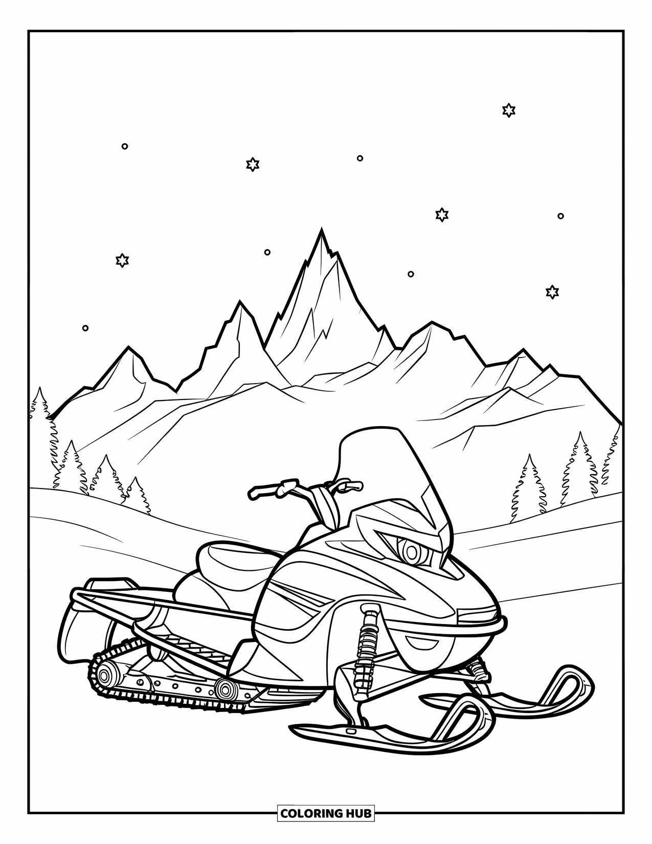 Snowmobile Coloring Page for Kids: A snowmobile with raised seat faces snowy peaks under a clear night sky