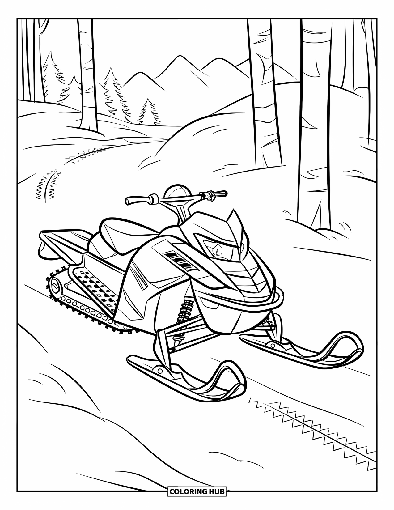 Snowmobile Coloring Page for Kids: A snowmobile with skis sits in a snowy forest with mountains behind