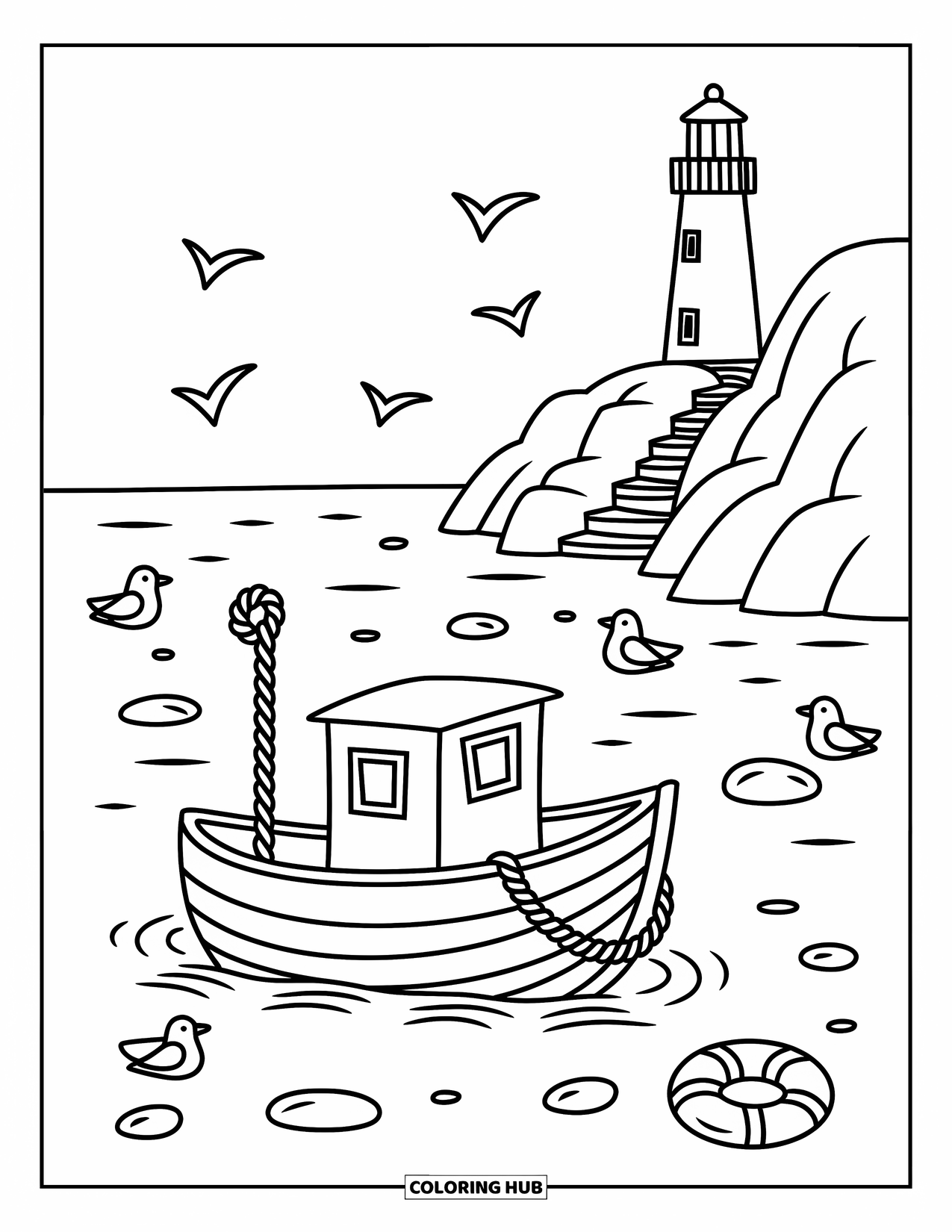 Spain Coloring Page for Adults: A cozy fishing boat floats on soft waves beside a lighthouse and a few seagulls