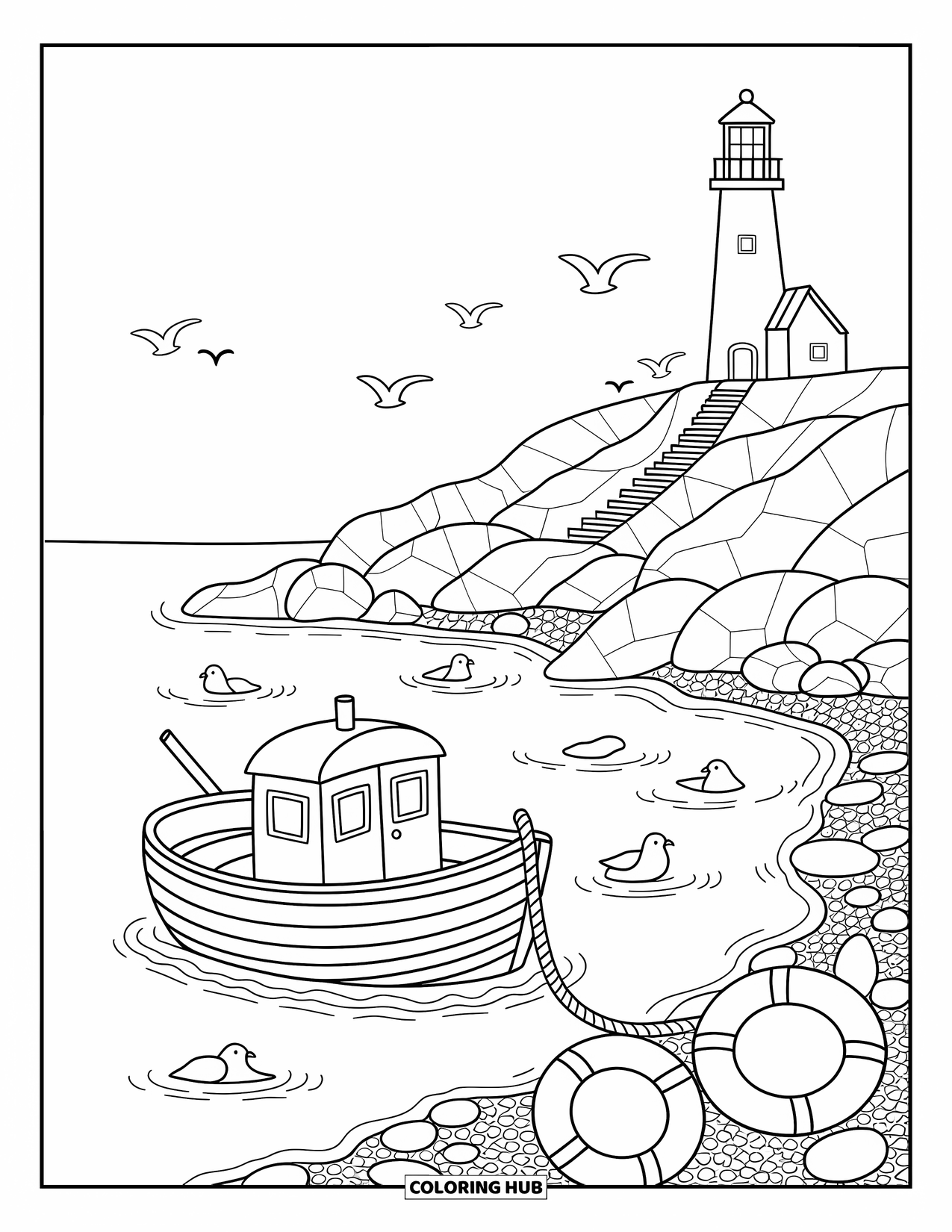 Spain Coloring Page for Adults: A tiny boat and lighthouse sit peacefully near the sea with lifebuoys and pebbles
