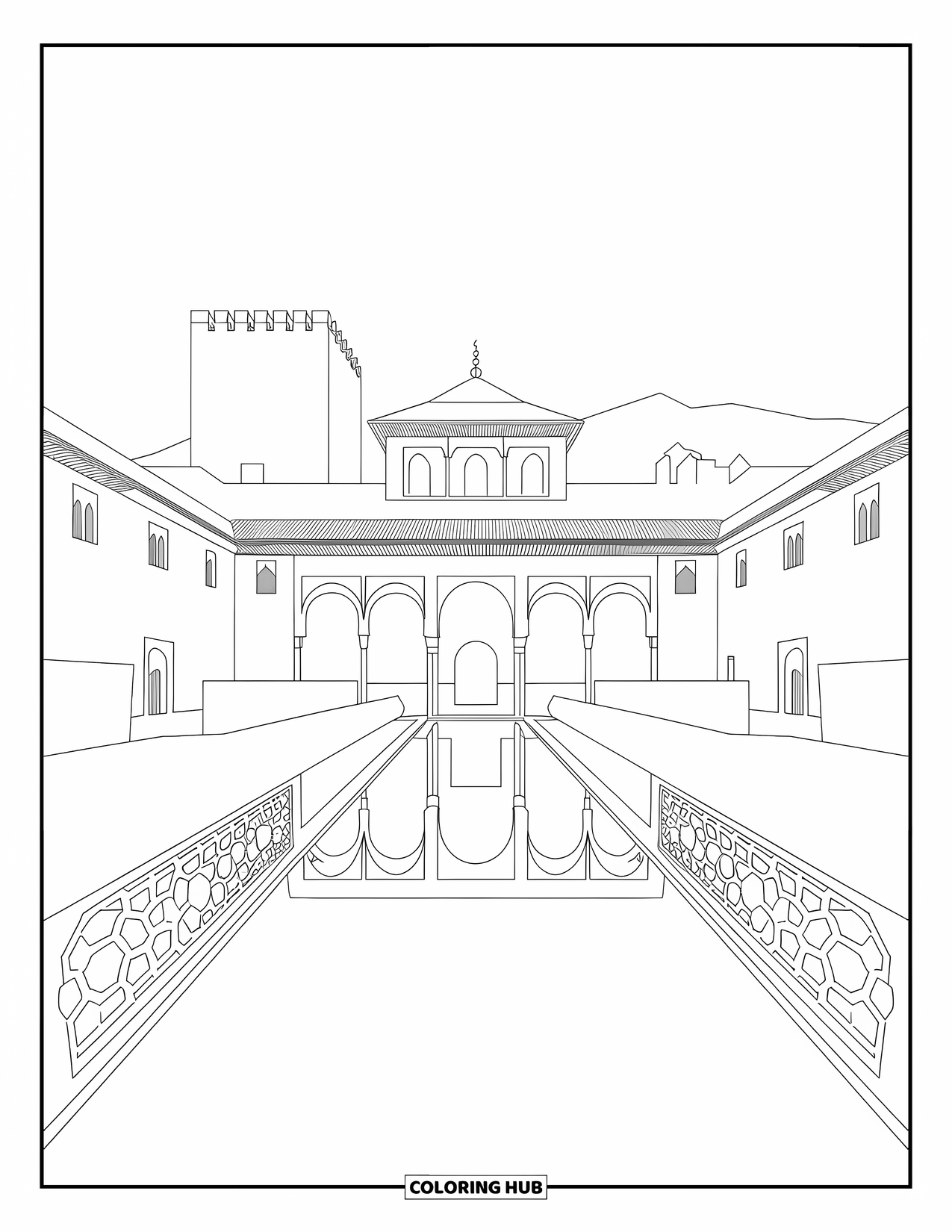 Spain Coloring Page for Adults: Alhambra's towers and arches frame a scenic view with mountains behind