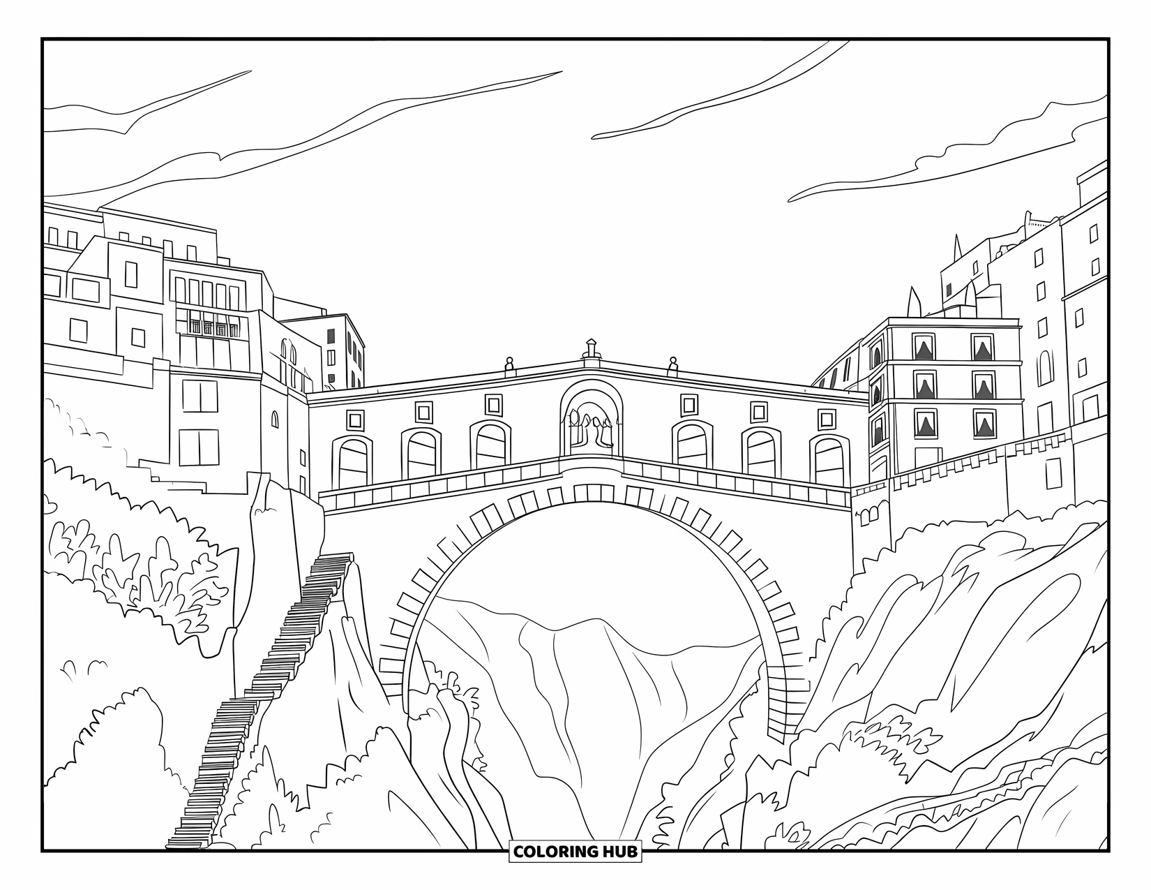 Spain Coloring Page for Adults: Cliffside buildings and stairways surround a tall stone bridge over a deep gorge
