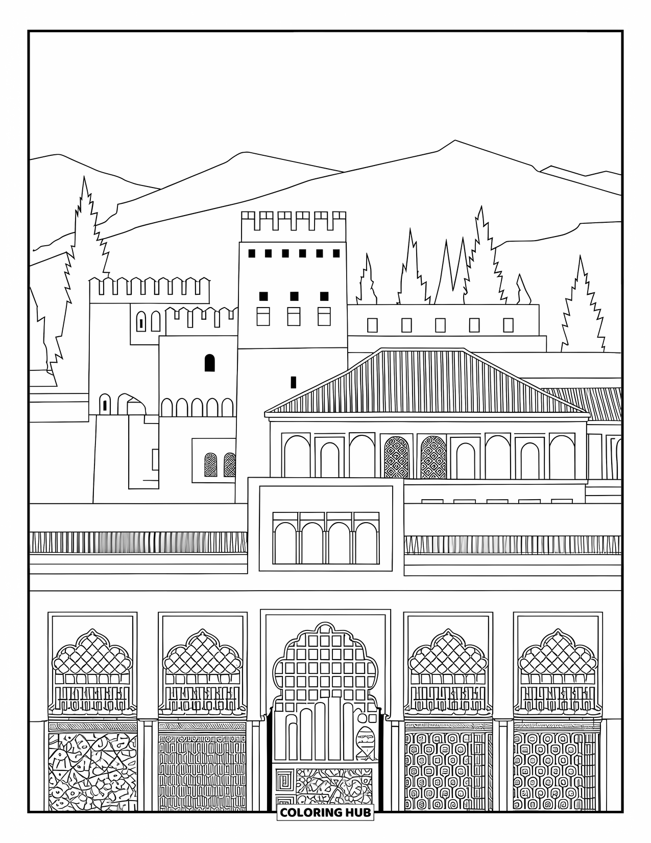 Spain Coloring Page for Adults: Detailed Alhambra palace scene with intricate designs and a peaceful mountain view