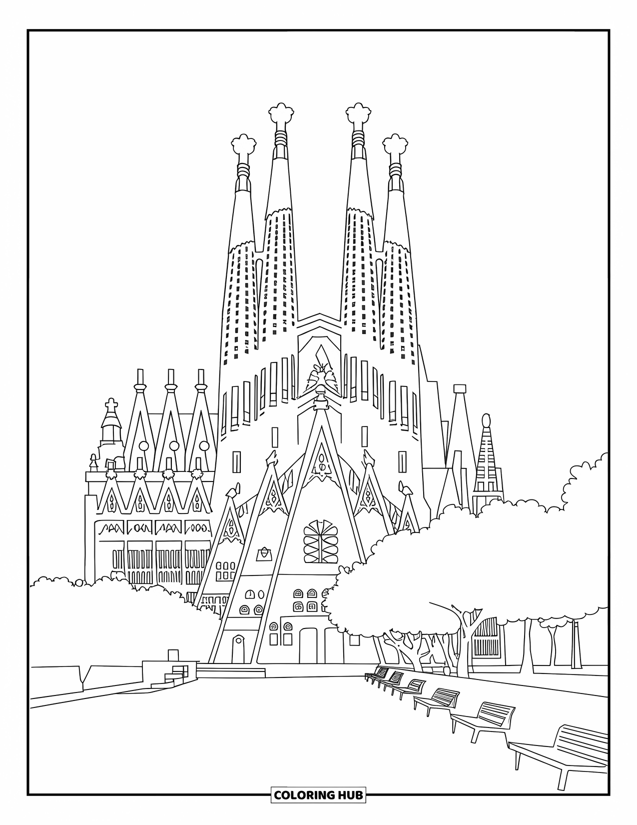 Spain Coloring Page for Adults: Grand basilica with sculpted spires, leafy trees, and benches in the foreground