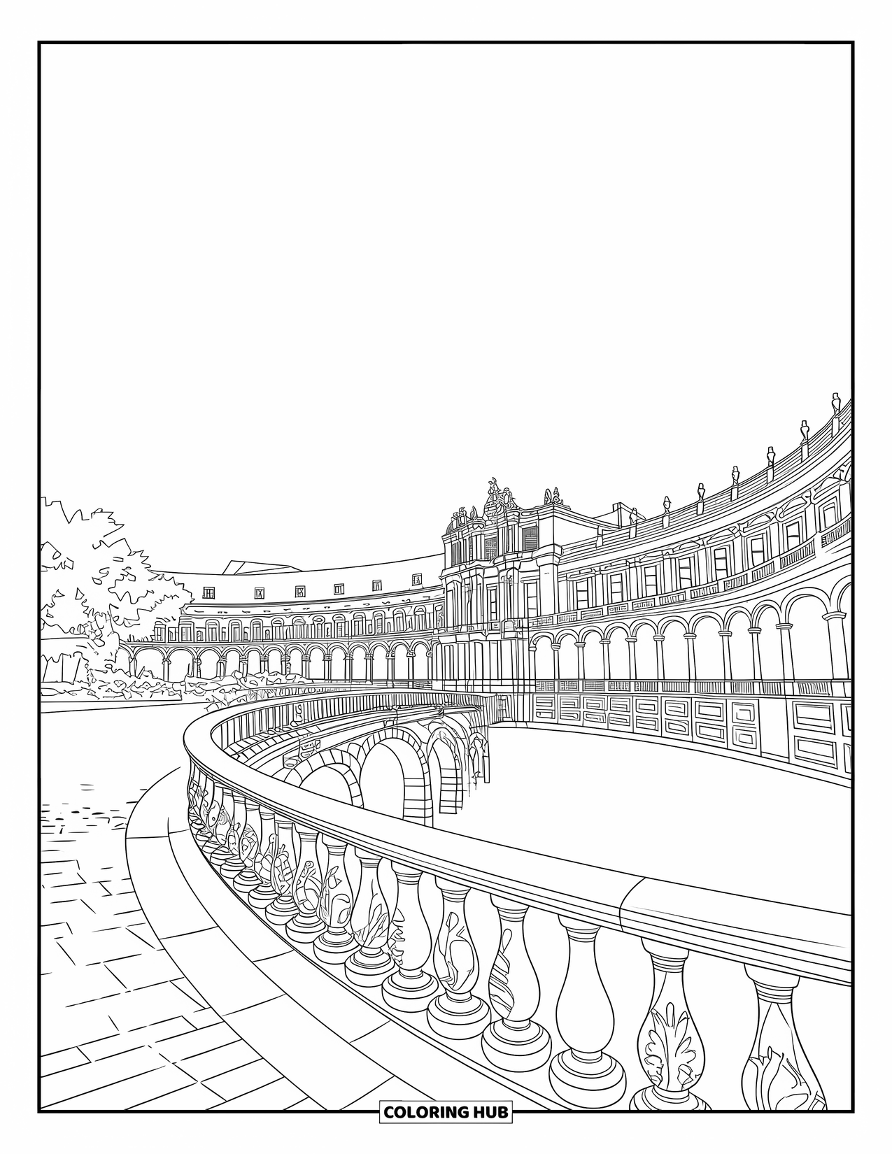 Spain Coloring Page for Adults: Ornate palace and tiled bridges line a peaceful canal with greenery and palm trees
