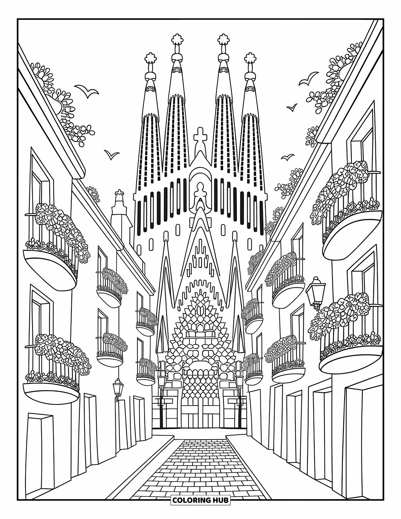 Spain Coloring Page for Adults: Quaint Barcelona street with curved balconies sits below the towering Sagrada Familia