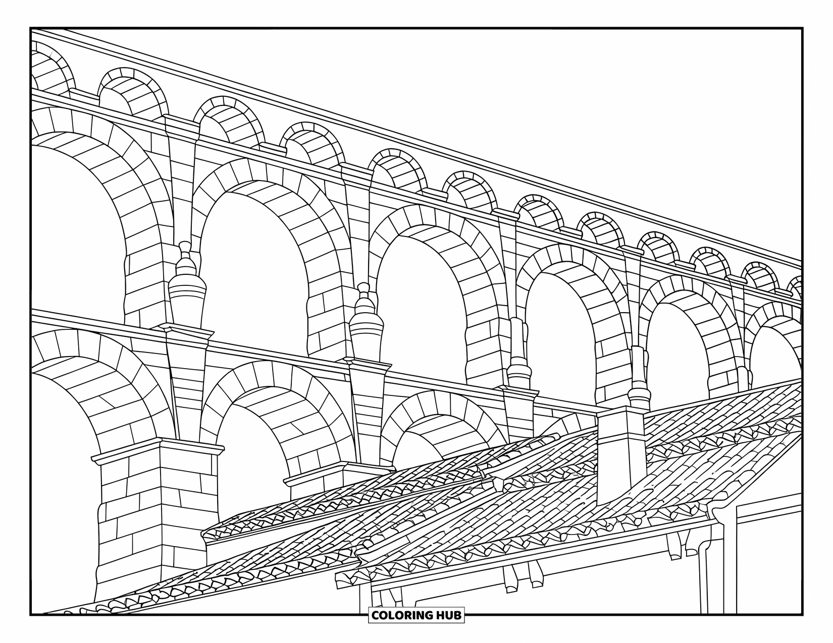 Spain Coloring Page for Adults: Roman aqueduct arches tower over traditional Spanish houses with tiled rooftops