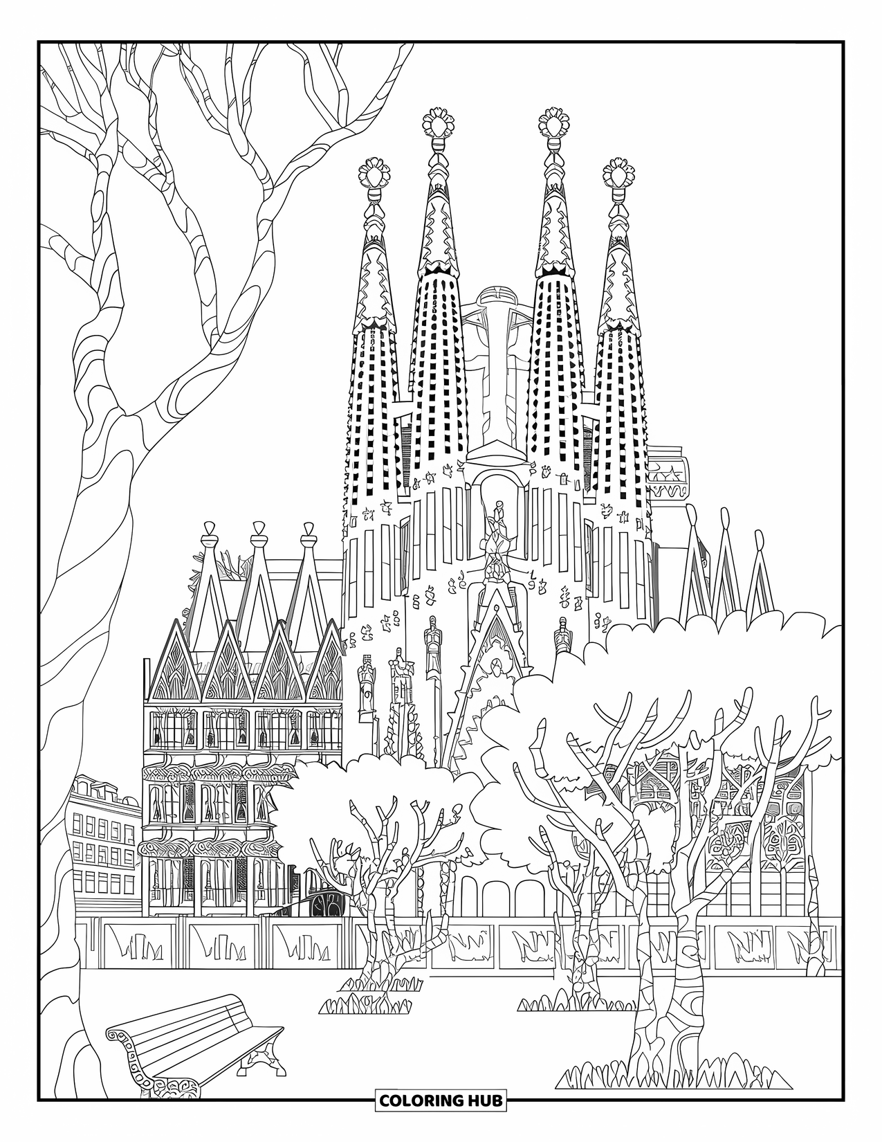 Spain Coloring Page for Adults: Sagrada Familia's carved facade and spires rise behind trees and a city skyline