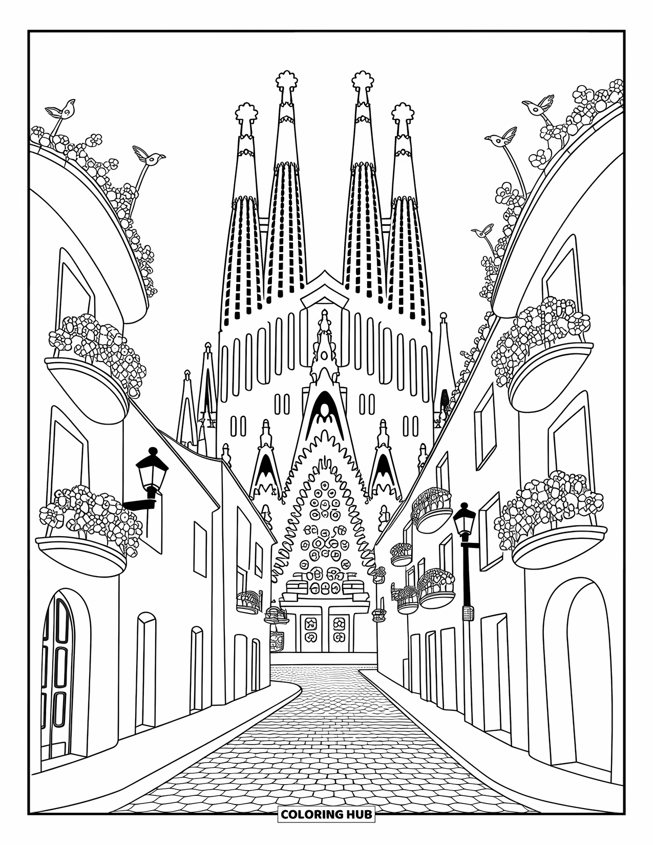 Spain Coloring Page for Adults: Sagrada Familia's rounded spires rise above flowered balconies and winding cobbled streets