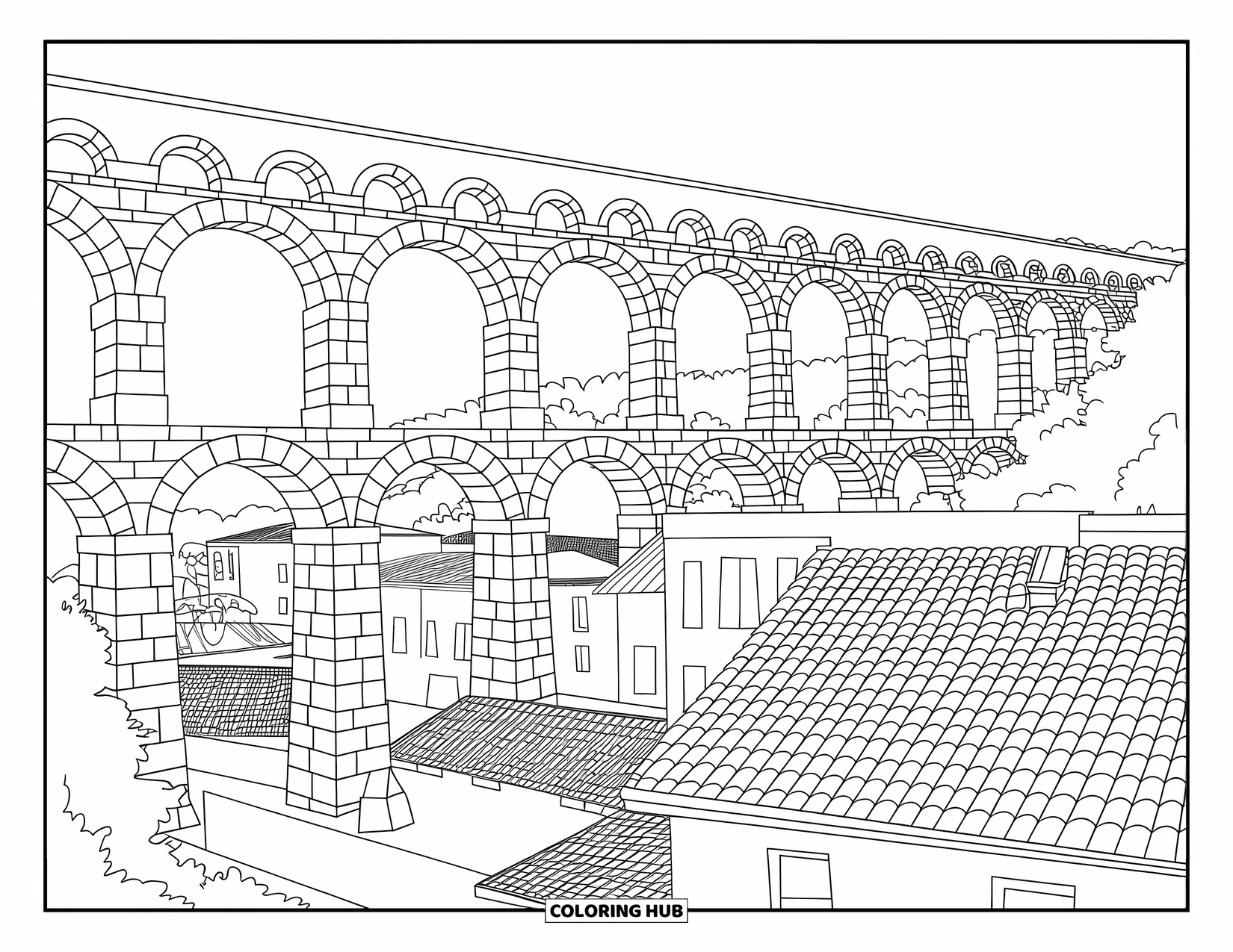 Spain Coloring Page for Adults: Stone aqueduct arches rise above Spanish houses and trees in a charming village scene