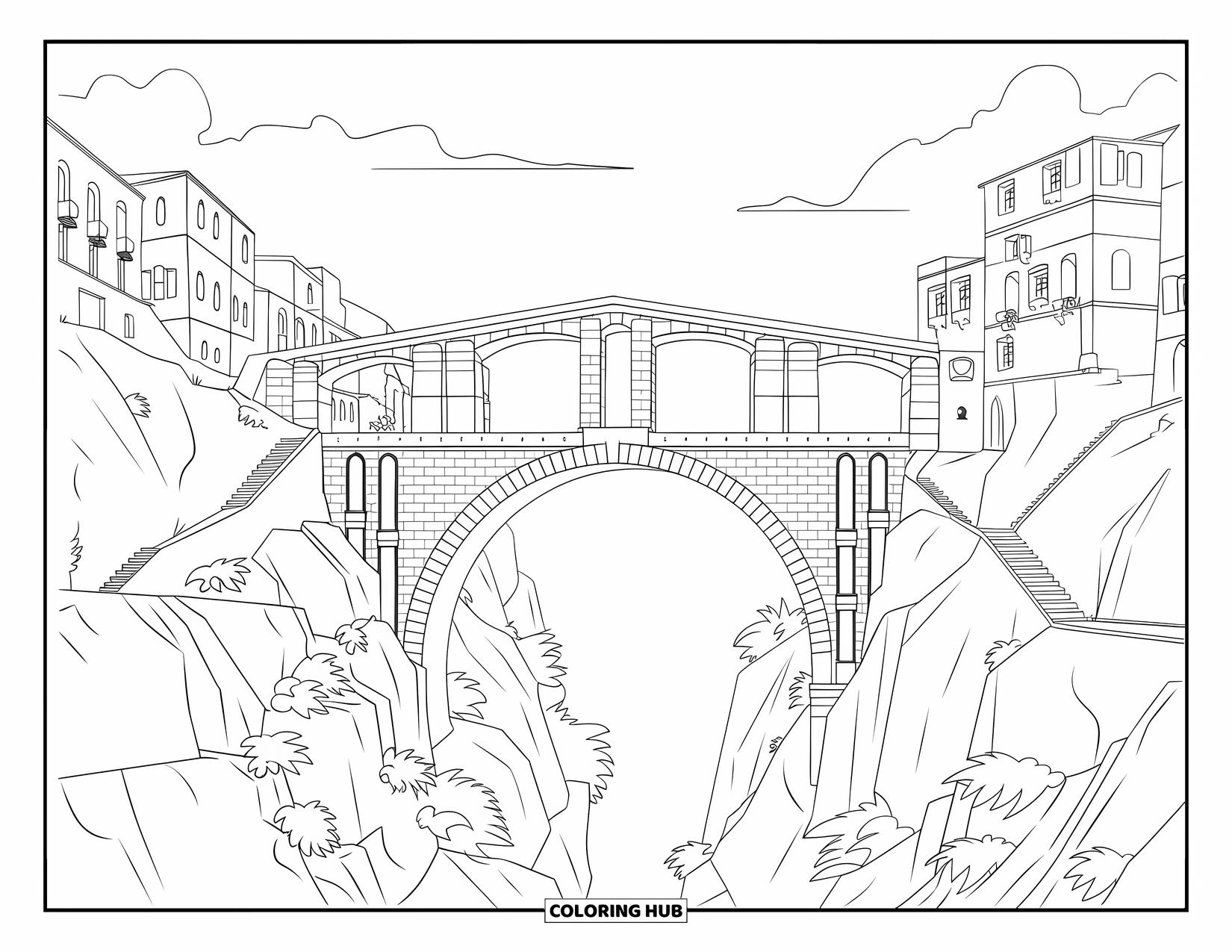 Spain Coloring Page for Adults: Tall stone bridge stretches across a deep gorge with buildings and rocky stairways