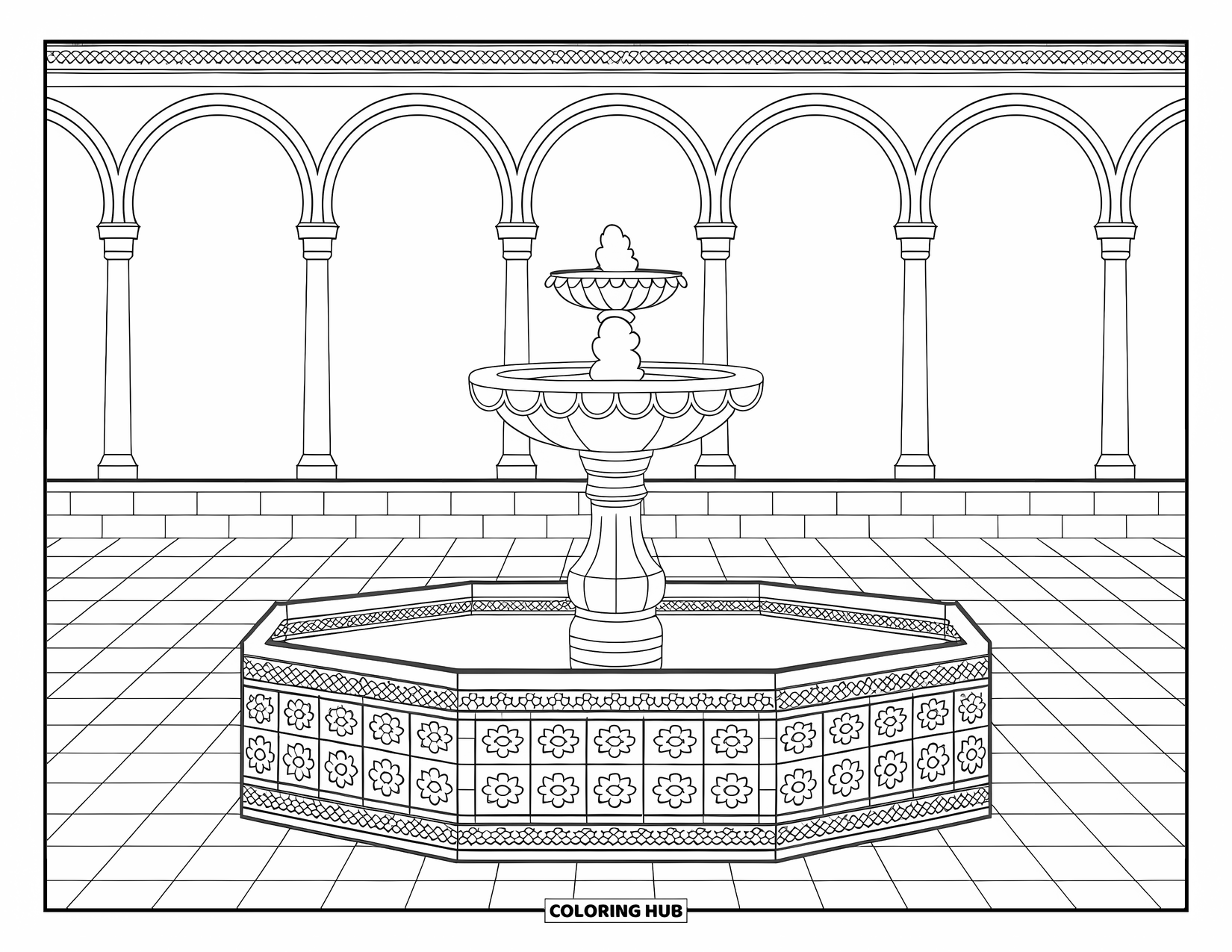 Spain Coloring Page for Kids: A bowl fountain stands in a courtyard path, near a Spanish-style building