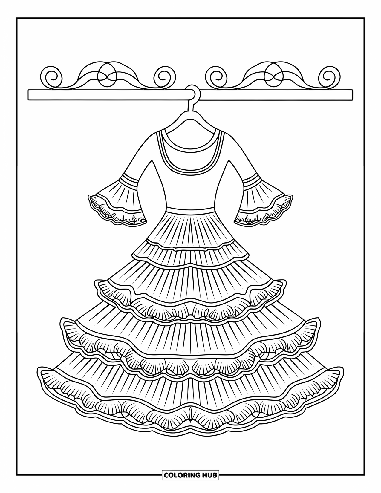 Spain Coloring Page for Kids: A flamenco dress with full skirt and wide neckline hangs against a plain wall