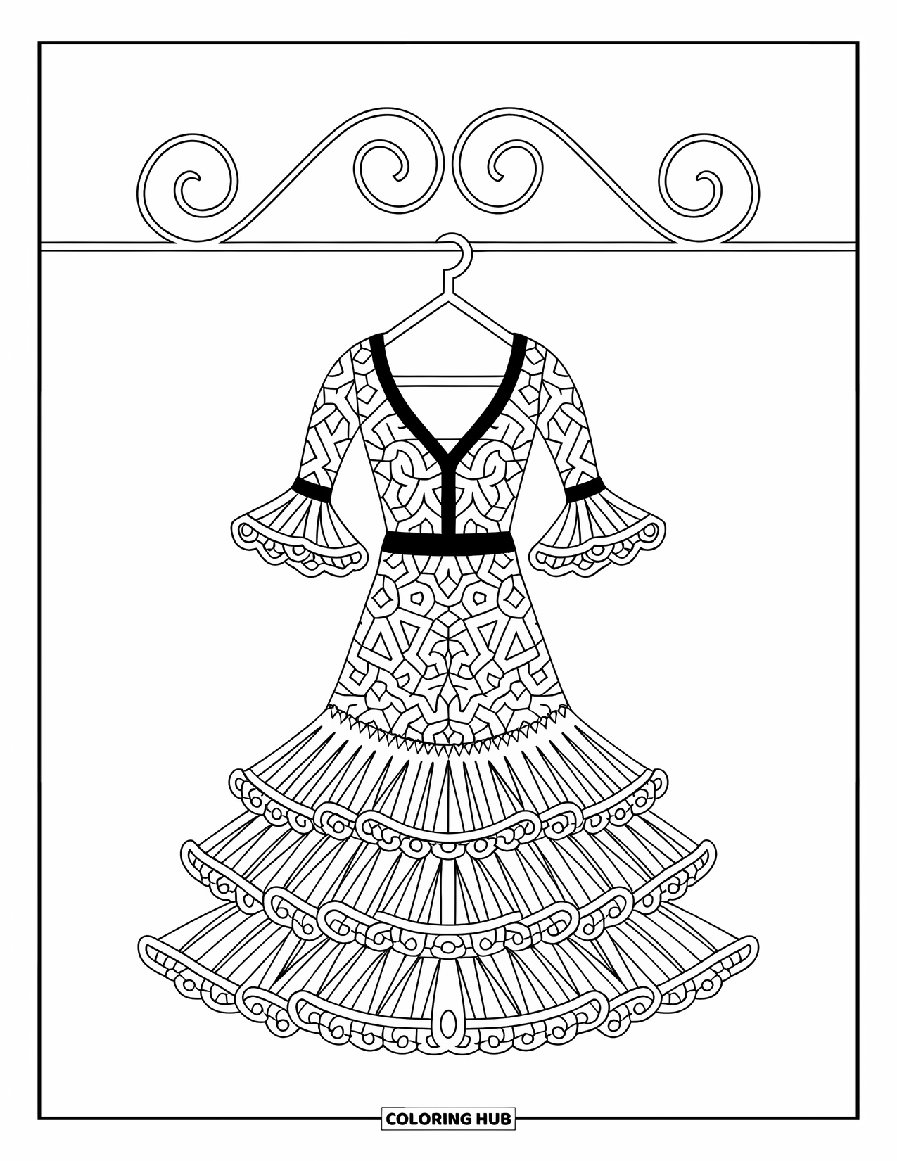 Spain Coloring Page for Kids: A flamenco dress with swirls hangs on a curved hanger