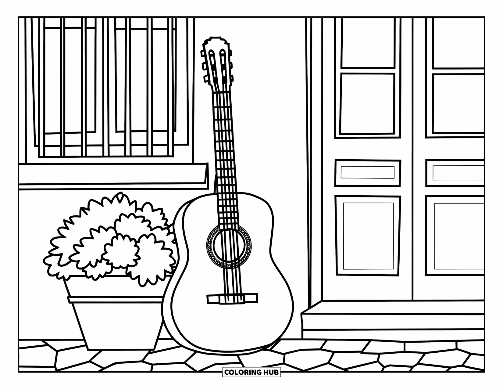 Spain Coloring Page for Kids: A guitar rests near a flowerpot and window in a cozy Spanish-style scene
